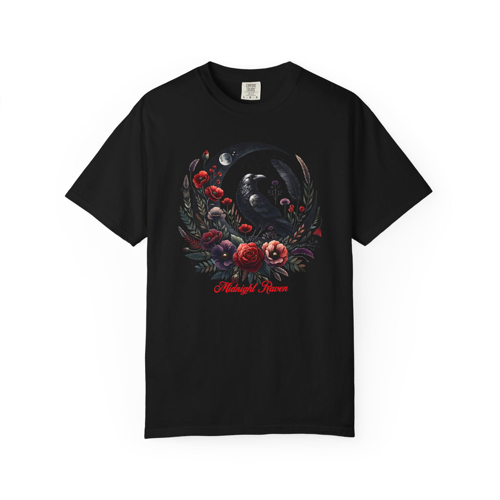 Moon Raven Floral T-Shirt — "Midnight Bloom" Graphic Tee - Mystical Moon Tee - Dark Aesthetic T-Shirt - Midnight Eye, LLC