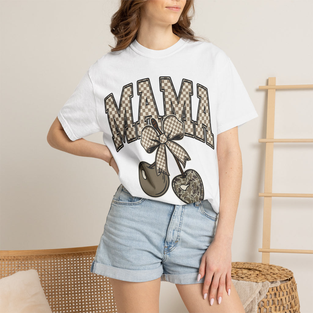 Mama Cherry Graphic T-Shirt — Retro Checkerboard Cherry Design. Midnight Eye, LLC