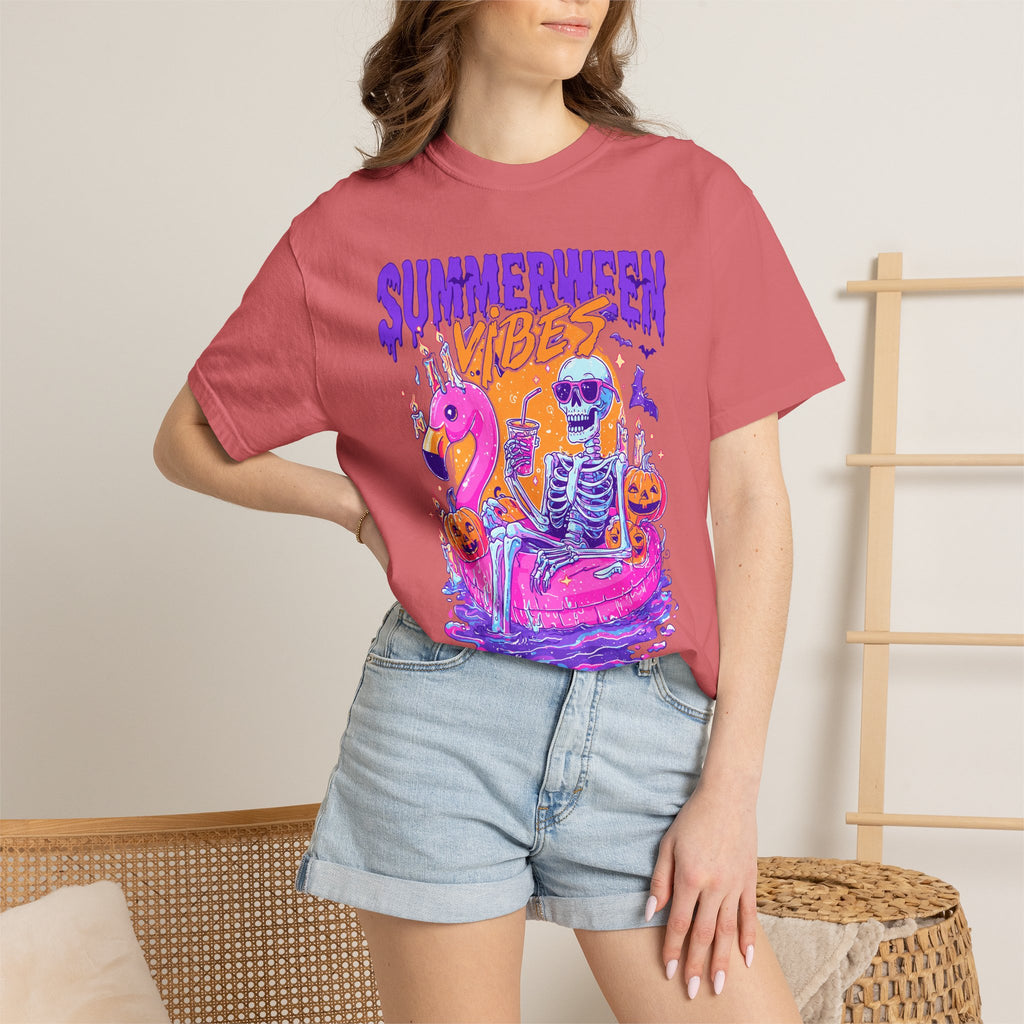 Summerween Vibes T-Shirt — Flamingo Pool Skeleton Halloween in Summer Tee - Midnight Eye, LLC