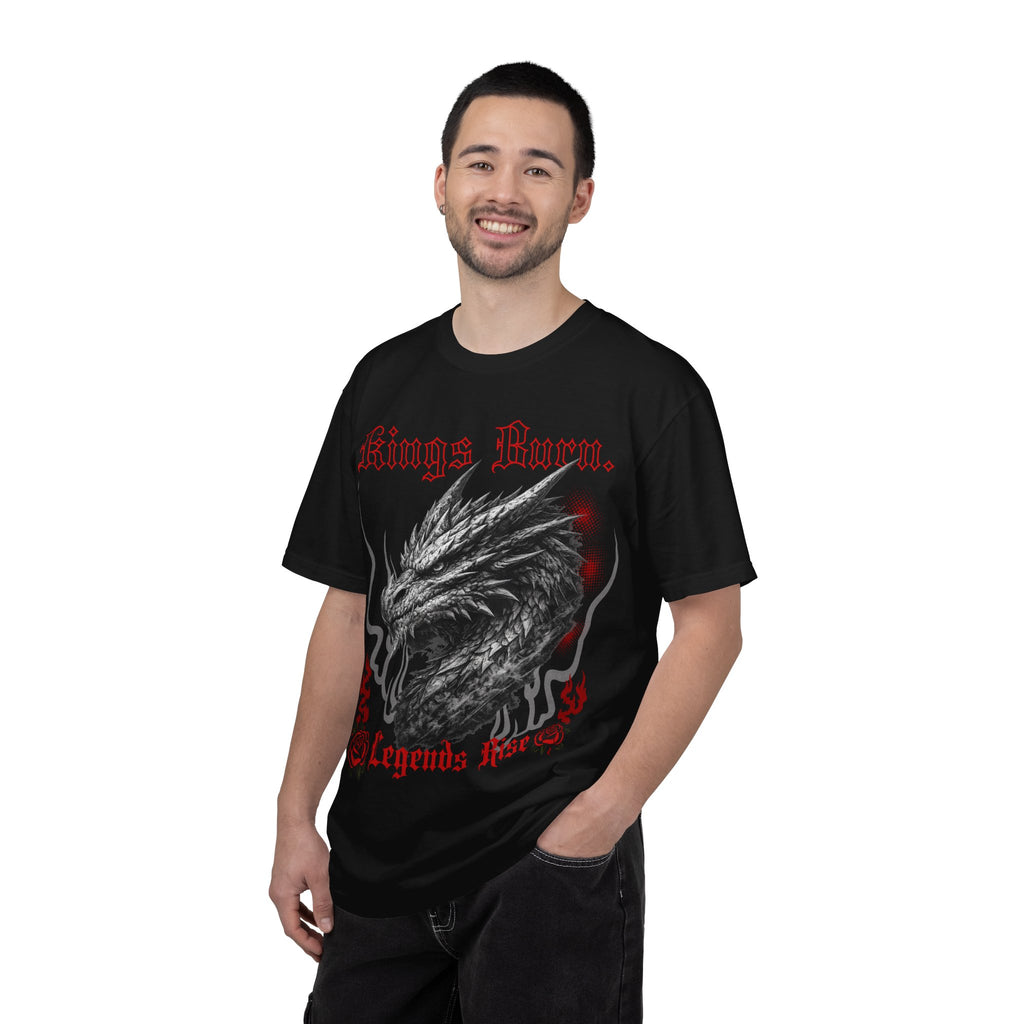 Dragon Head T-Shirt — "Kings Burn. Legends Rise." Red Rose Tattoo Graphic T-Shirt. Midnight Eye, LLC.