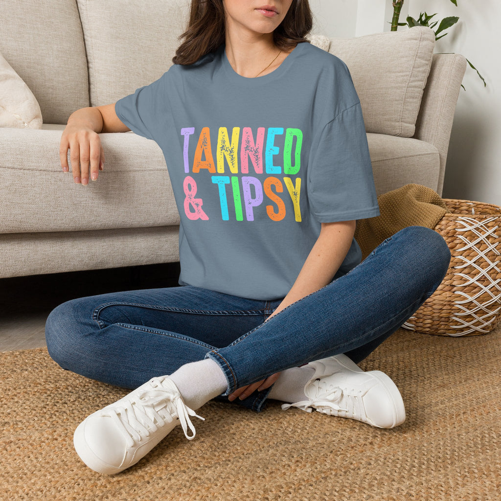 Tanned & Tipsy Beach Vacation T-Shirt - Colorful Vacation T-Shirt - Funny Summer Tee. Midnight Eye, LLC.