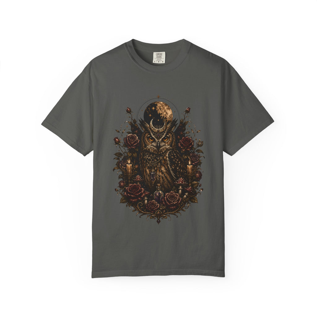 Owl Moon Graphic T-Shirt — Gothic Owl with Roses