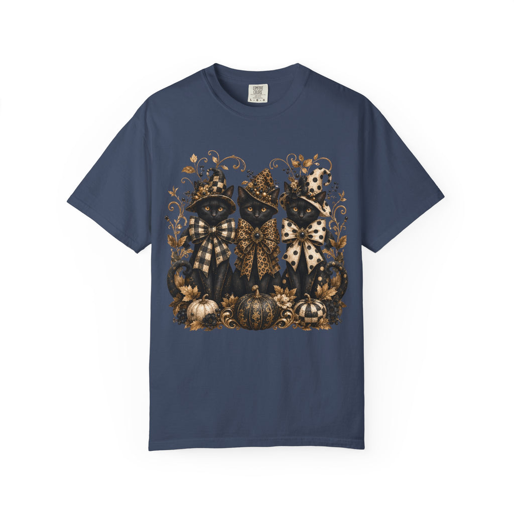 Halloween Black Cats & Pumpkins T-Shirt — Autumn Spooky Vintage Tee. Midnight Eye, LLC