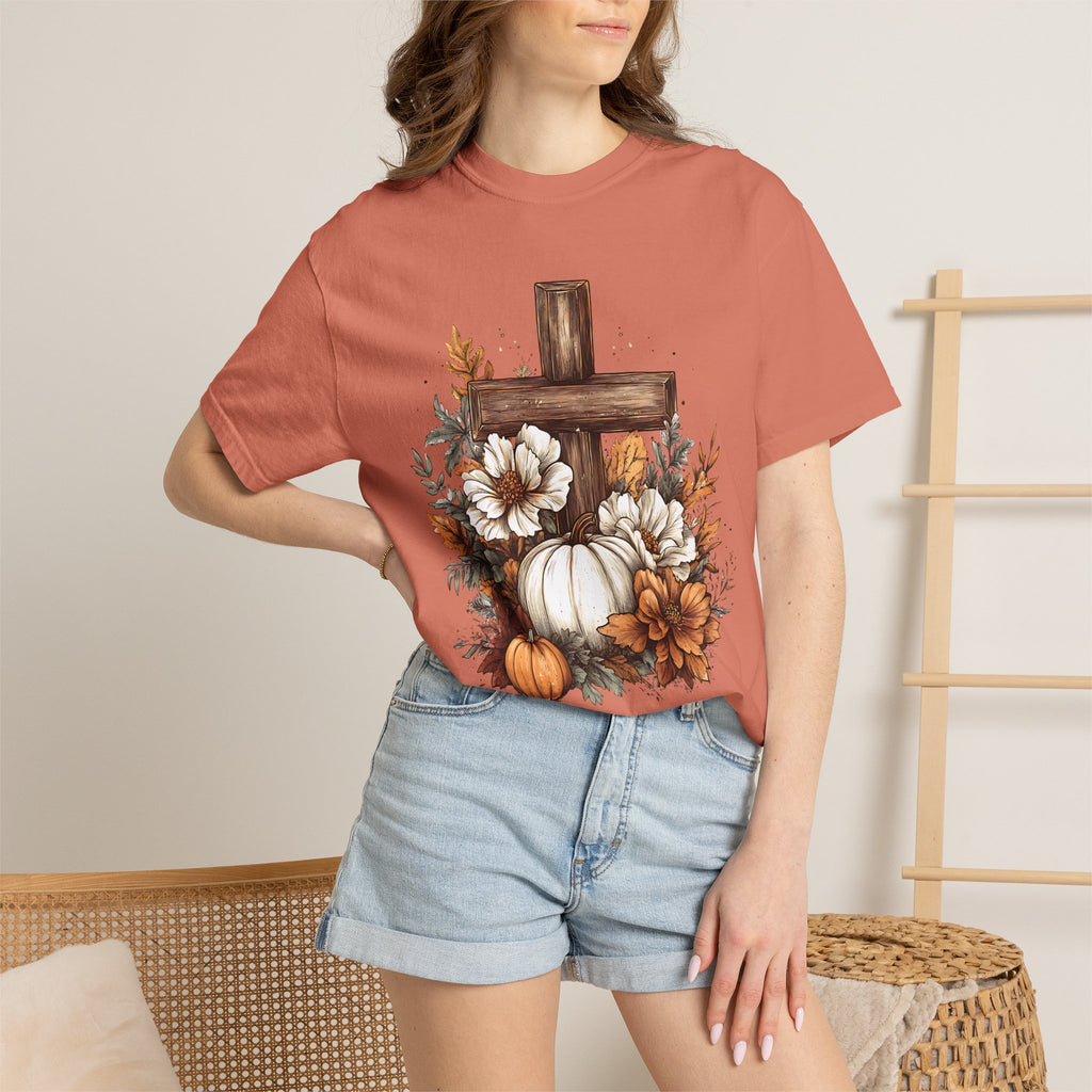 Faithful Fall Cross T-Shirt — Pumpkin & Floral Autumn Christian Tee. Midnight Eye, LLC