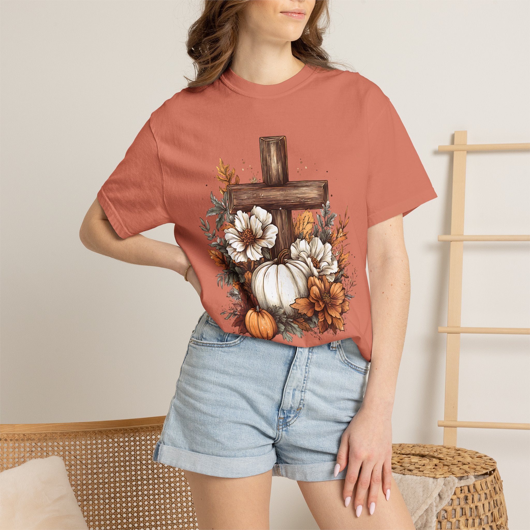 Faithful Fall Cross T-Shirt — Pumpkin & Floral Autumn Christian Tee. Midnight Eye, LLC