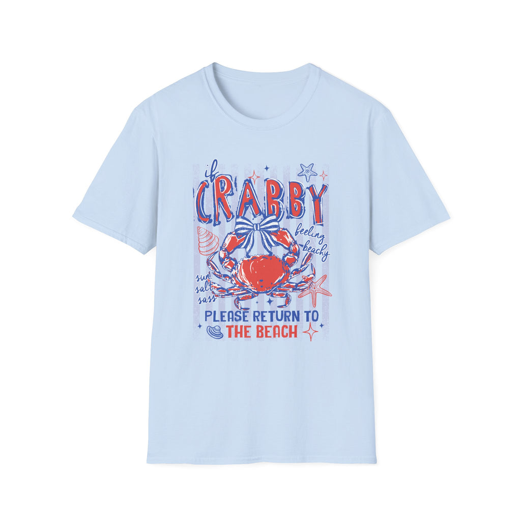 Crabby Beach T-Shirt — "If Crabby, Please Return to the Beach" Funny Summer Tee. Midnight Eye LLC.