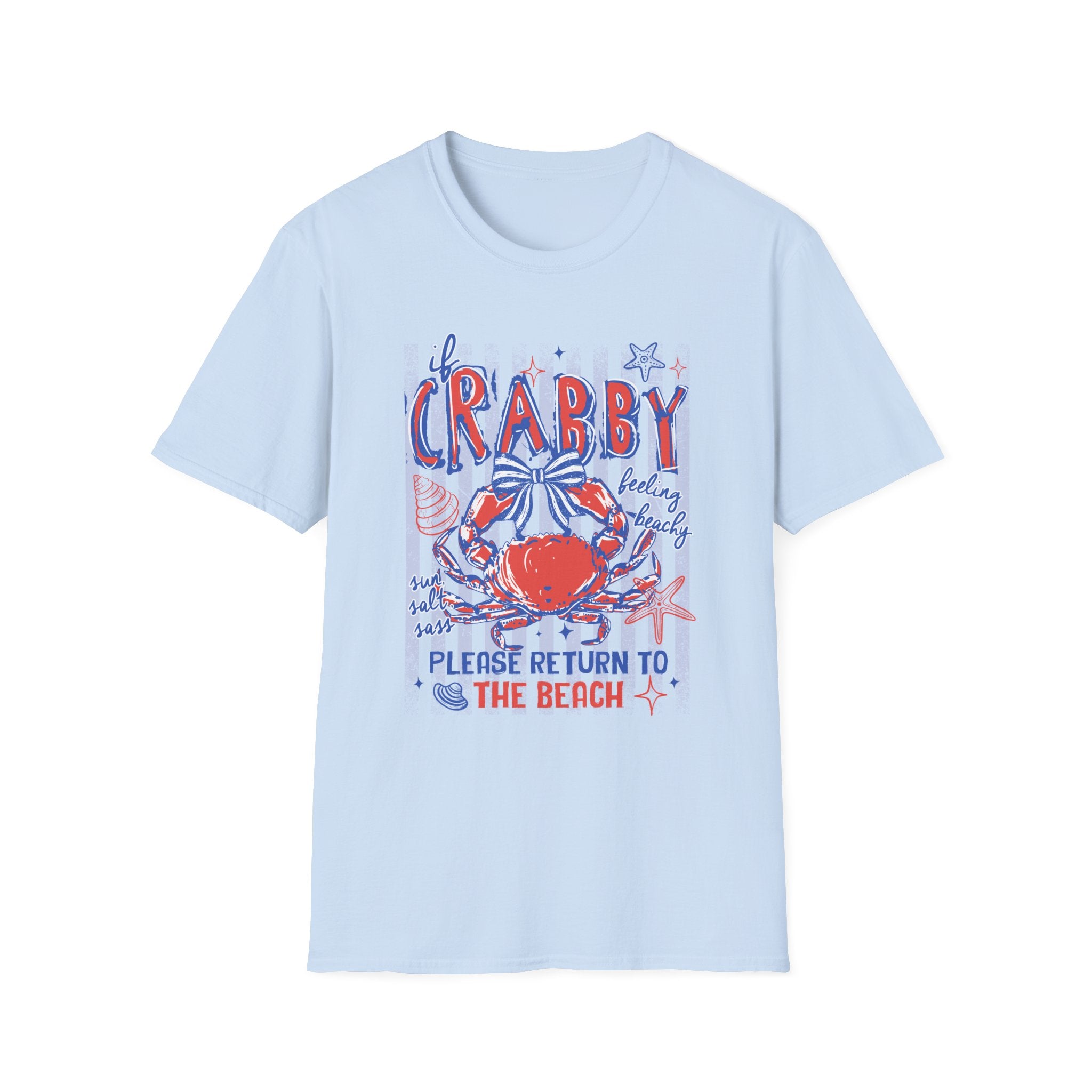Crabby Beach T-Shirt — "If Crabby, Please Return to the Beach" Funny Summer Tee. Midnight Eye LLC.