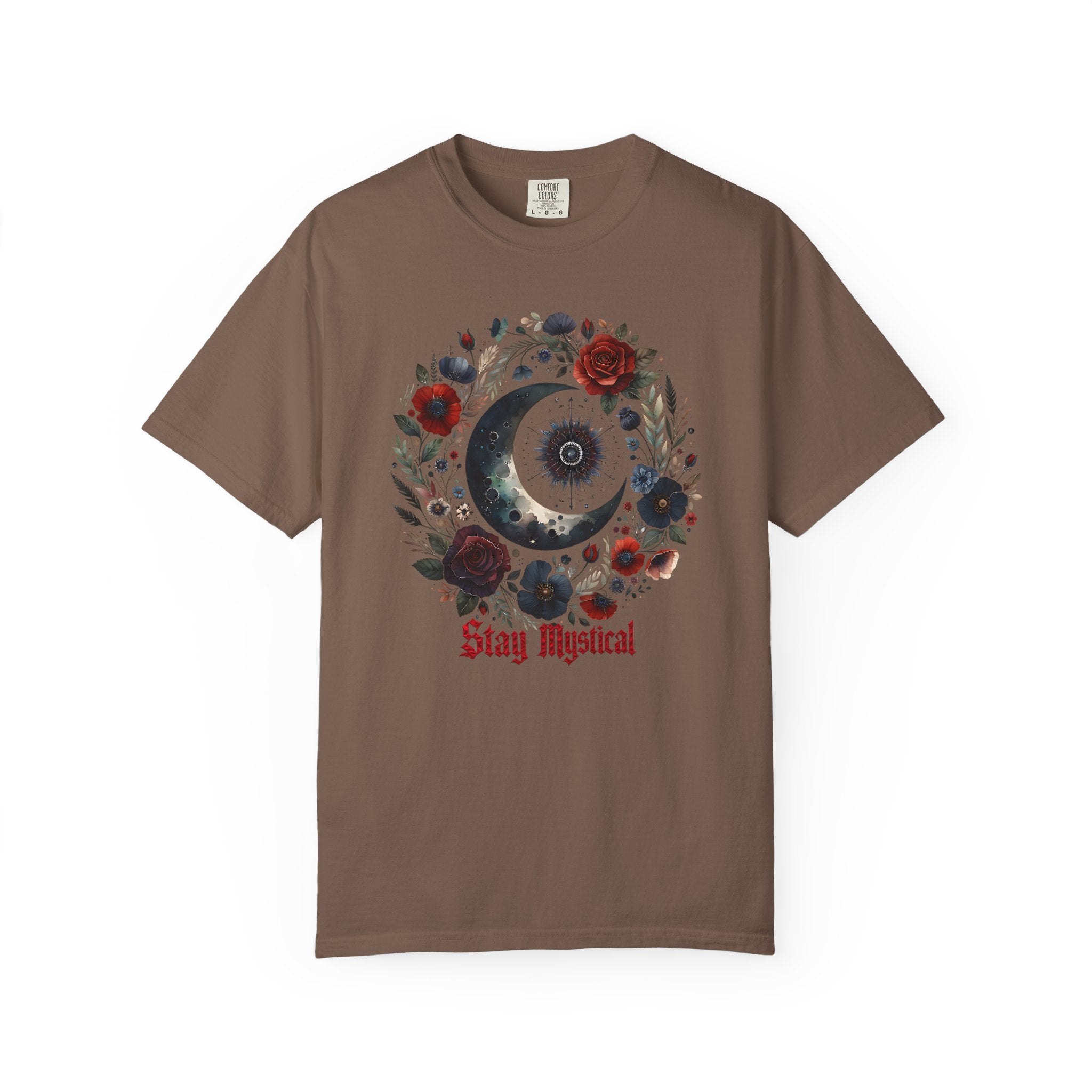 Mystical Moon T-Shirt — “Stay Mystical” Floral Crescent Tee - Dark Aesthetic T-Shirt - Midnight Eye, LLC