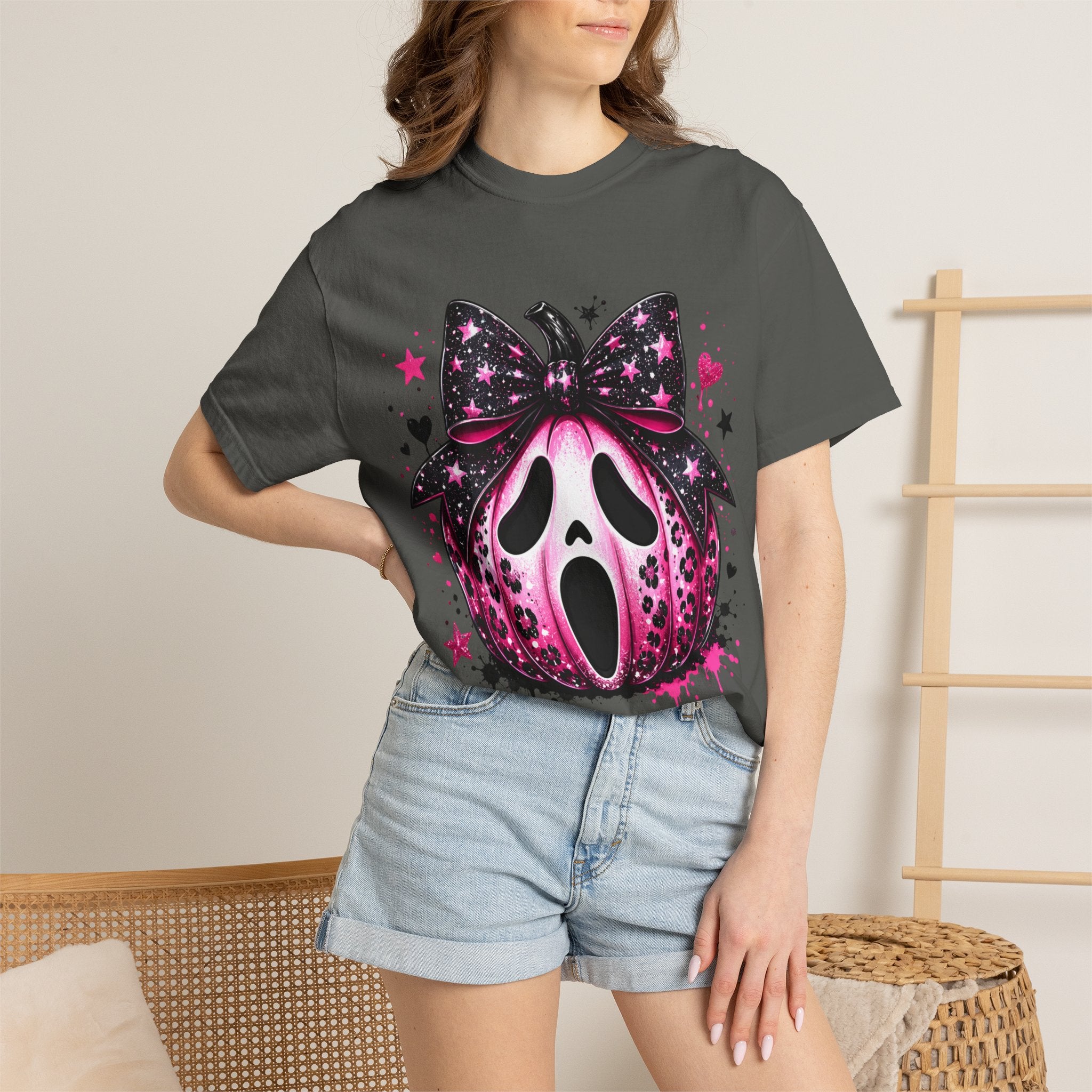 Ghost Face Pumpkin T‑Shirt — Cute Pink Halloween Tee. Midnight Eye, LLC