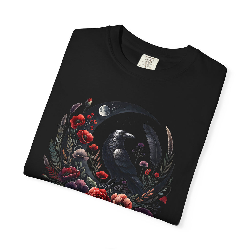 Moon Raven Floral T-Shirt — "Midnight Bloom" Graphic Tee - Mystical Moon Tee - Dark Aesthetic T-Shirt - Midnight Eye, LLC