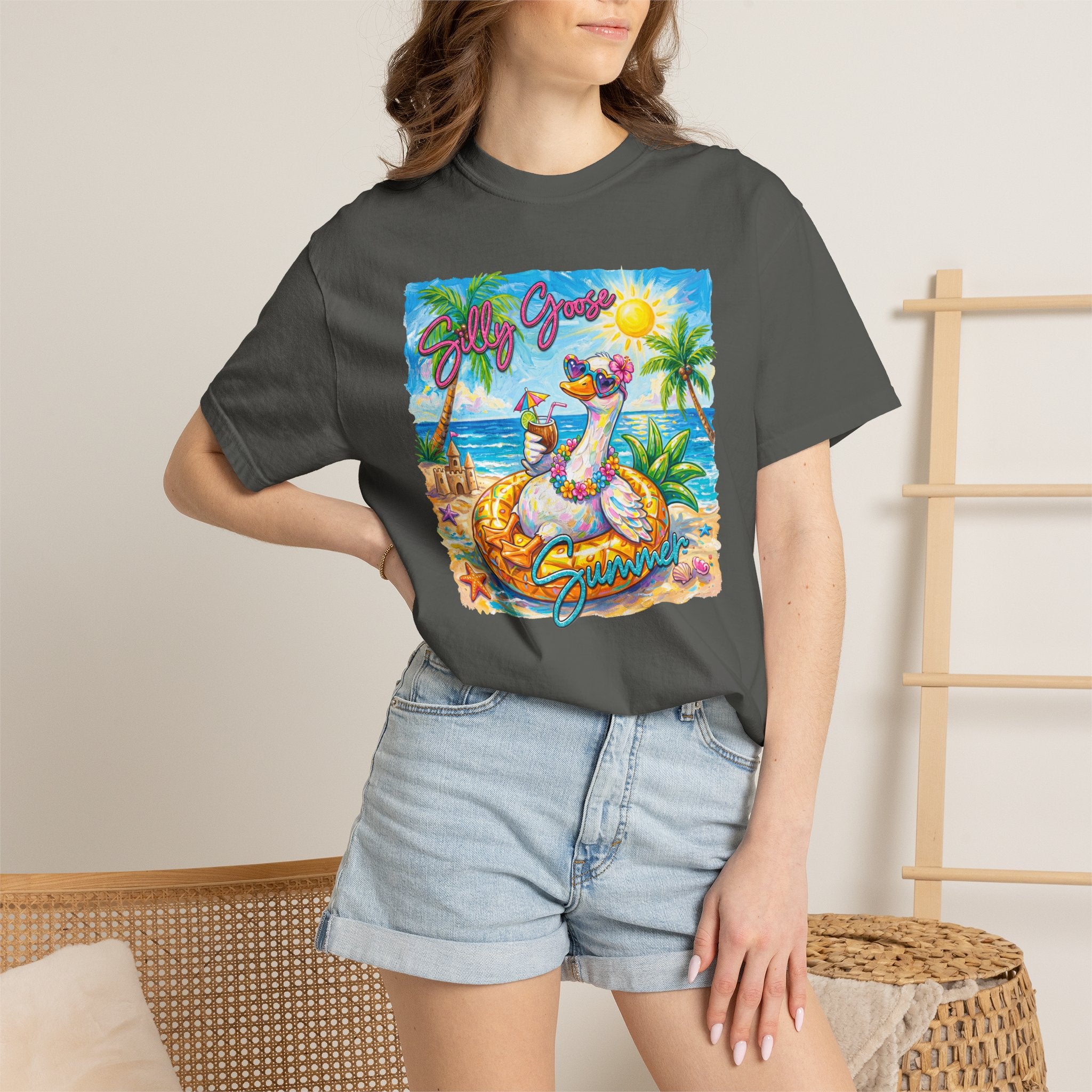 Silly Goose Summer T-Shirt - Colorful Summer Girl Tee - Beach Tee - Tropical T-Shirt - Midnight Eye, LLC