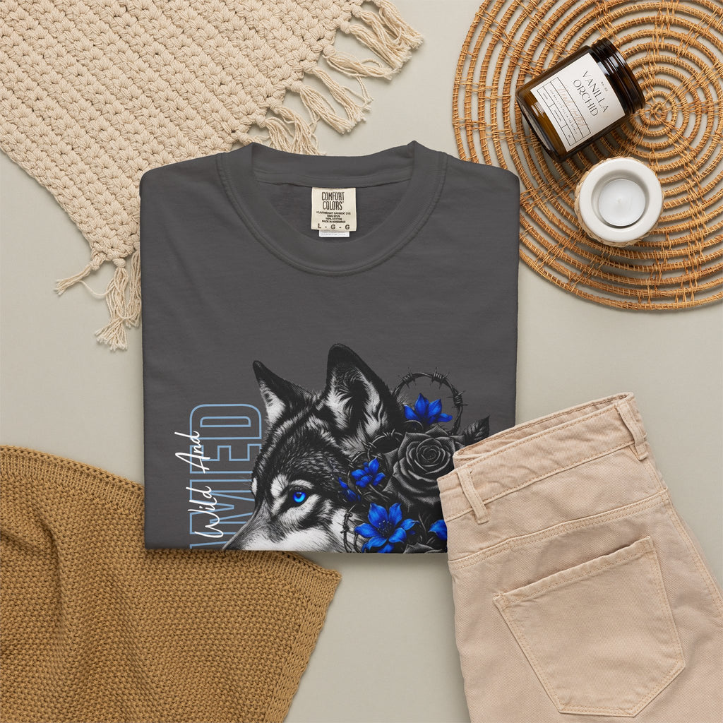 Wolf Floral T-Shirt — "Untamed" Graphic Tee with Blue & Black Roses. Midnight Eye, LLC.