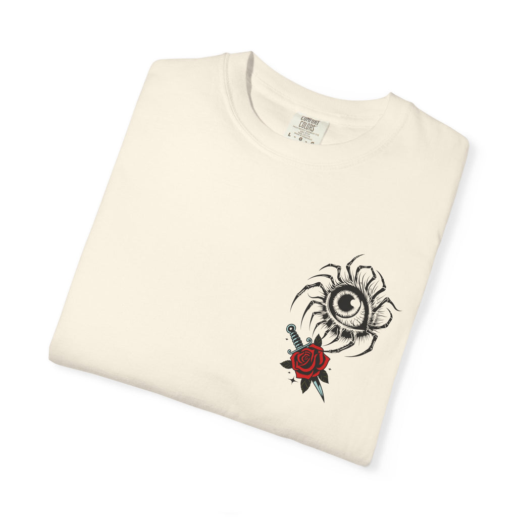 Graphic Skull & Red Rose Gothic T‑Shirt - Edgy Streetwear T-Shirt - Vintage Tee - Dark Aesthetic Tee - Midnight Eye, LLC