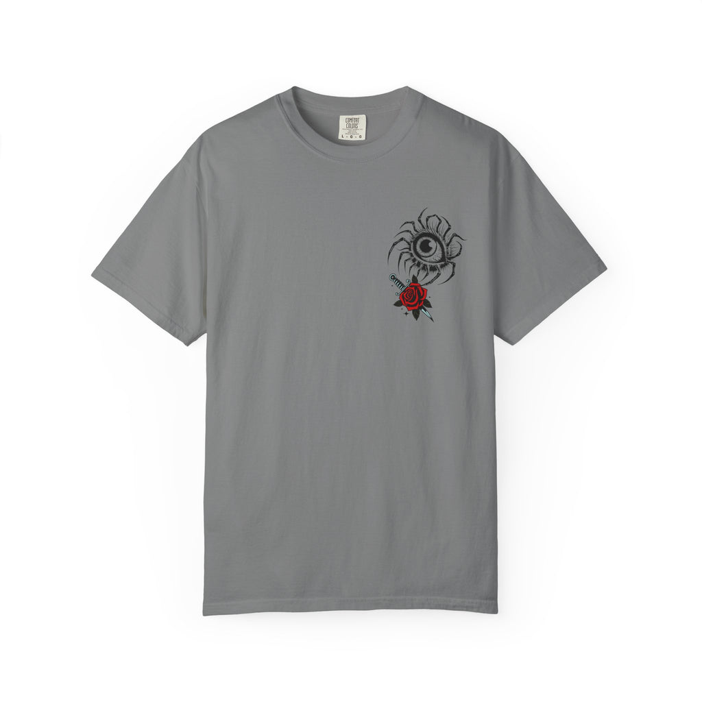 Graphic Skull & Red Rose Gothic T‑Shirt - Edgy Streetwear T-Shirt - Vintage Tee - Dark Aesthetic Tee - Midnight Eye, LLC