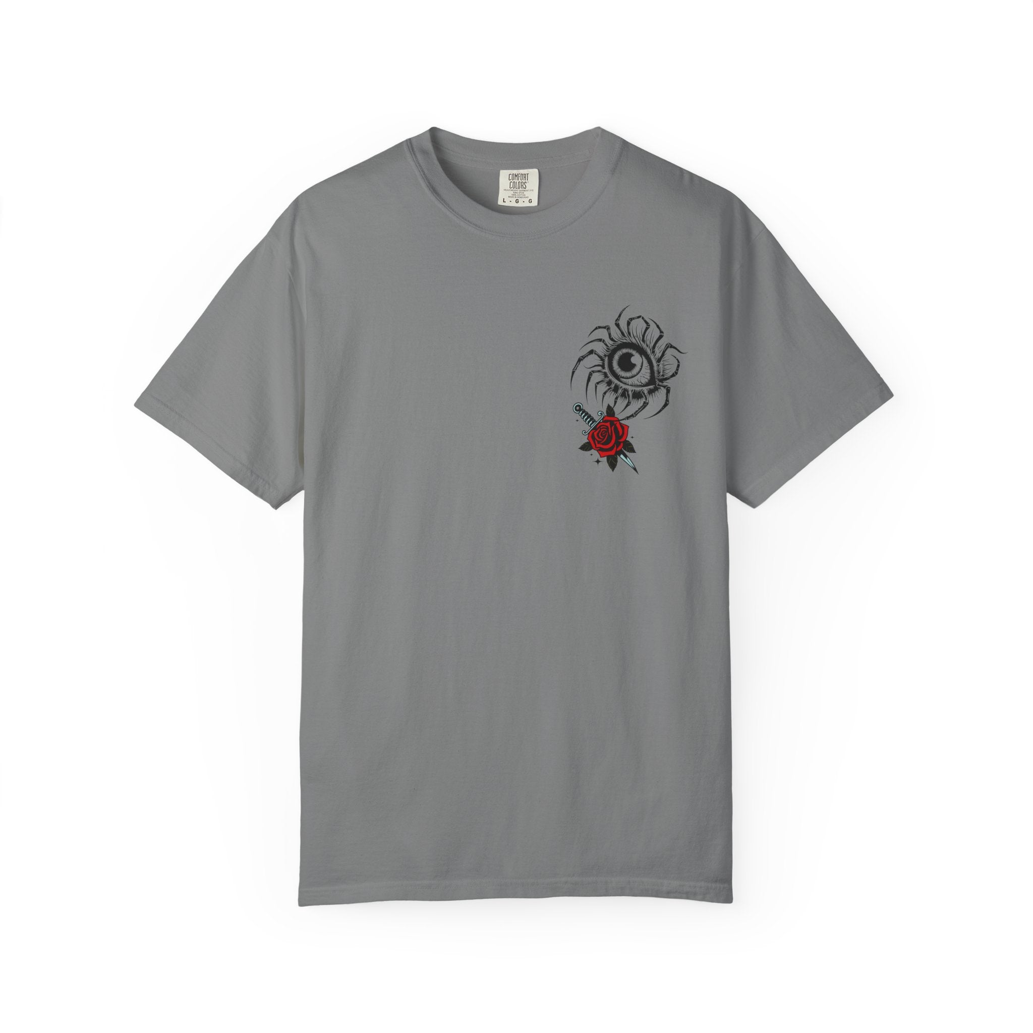 Graphic Skull & Red Rose Gothic T‑Shirt - Edgy Streetwear T-Shirt - Vintage Tee - Dark Aesthetic Tee - Midnight Eye, LLC