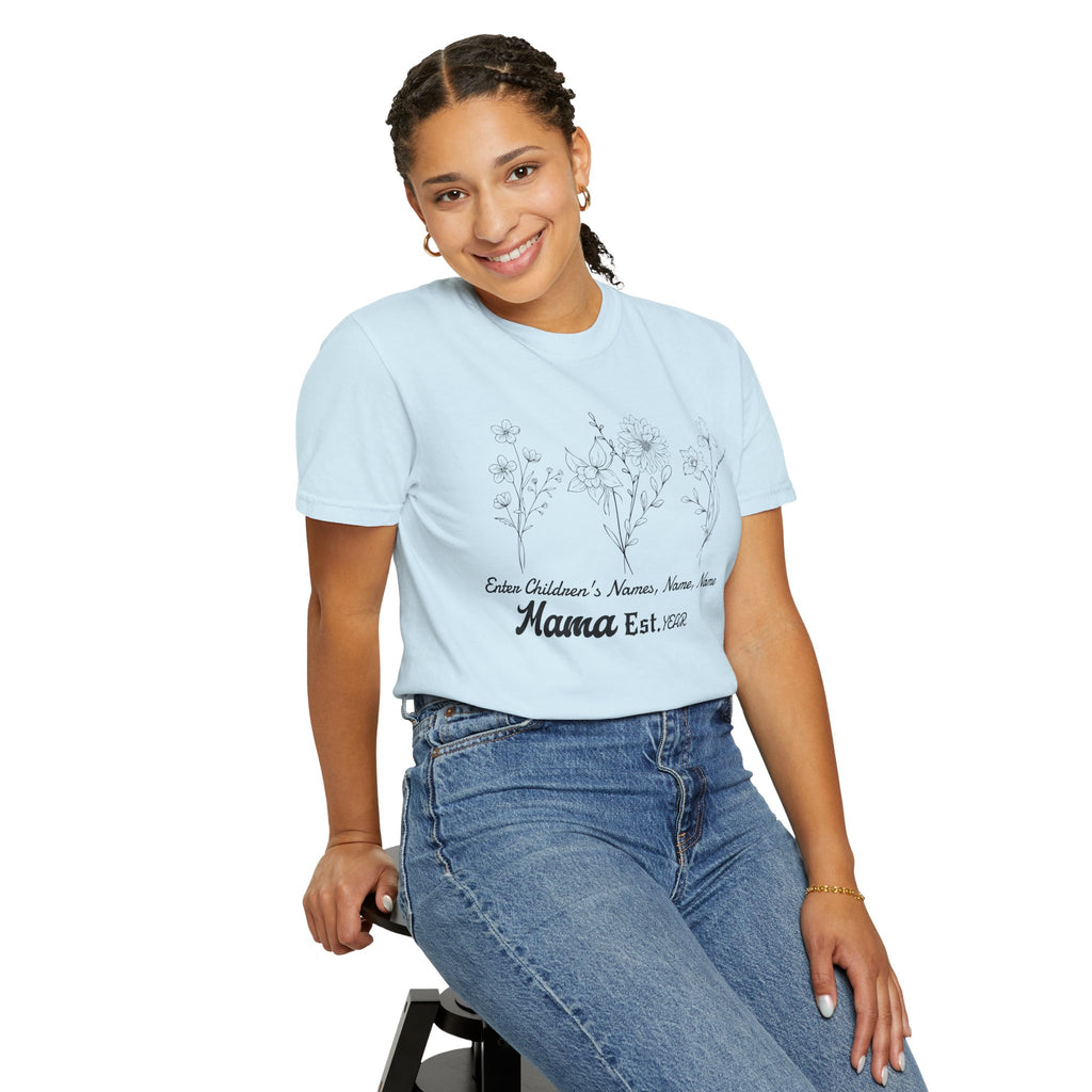 Mama Est. Personalized Floral T-Shirt — Child Name & Birth Year Tee - Midnight Eye, LLC