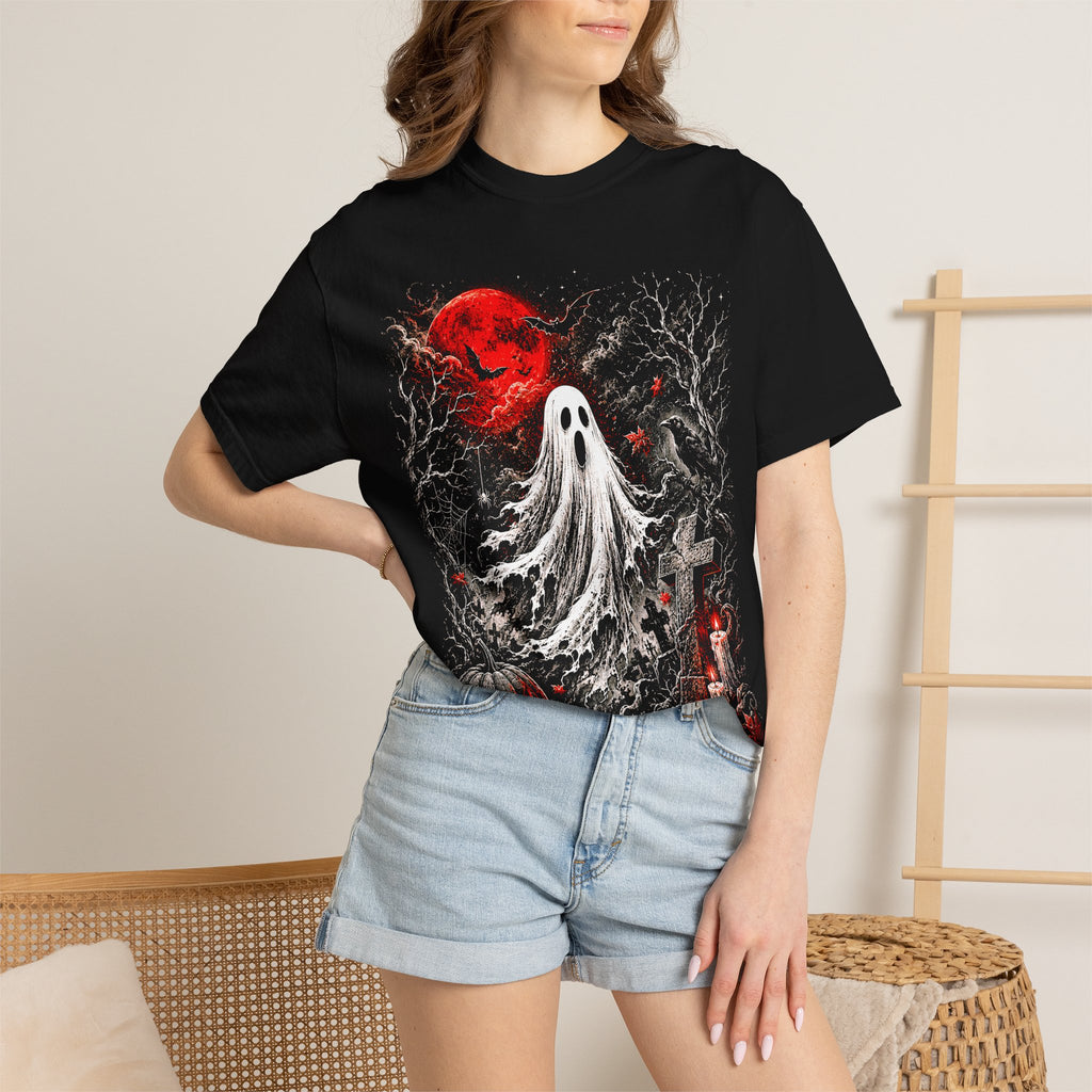 Halloween Ghost T-Shirt — Spooky Graveyard Design with Red Moon. Midnight Eye, LLC.