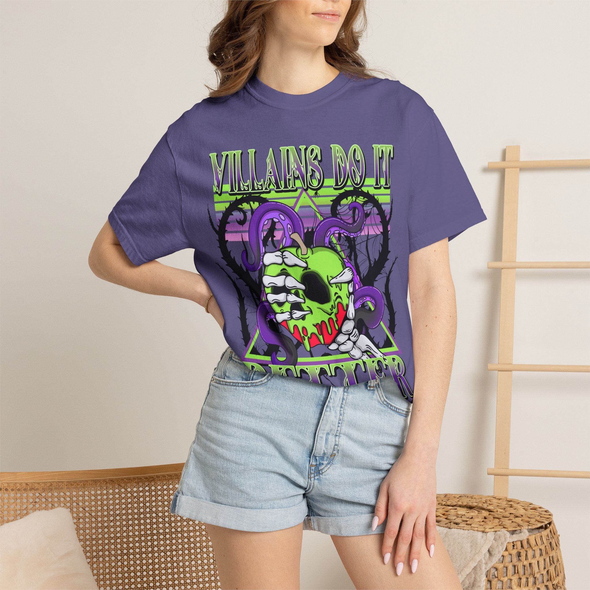 Villains Do It Better Graphic T-Shirt — Neon Monster Skull Tee. Midnight Eye, LLC