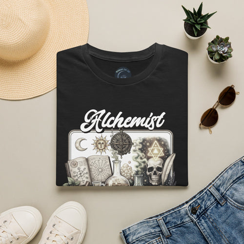 Alchemist Graphic T-Shirt — Vintage Apothecary Potion & Skull Design - Mystical Tee - Midnight Eye, LLC