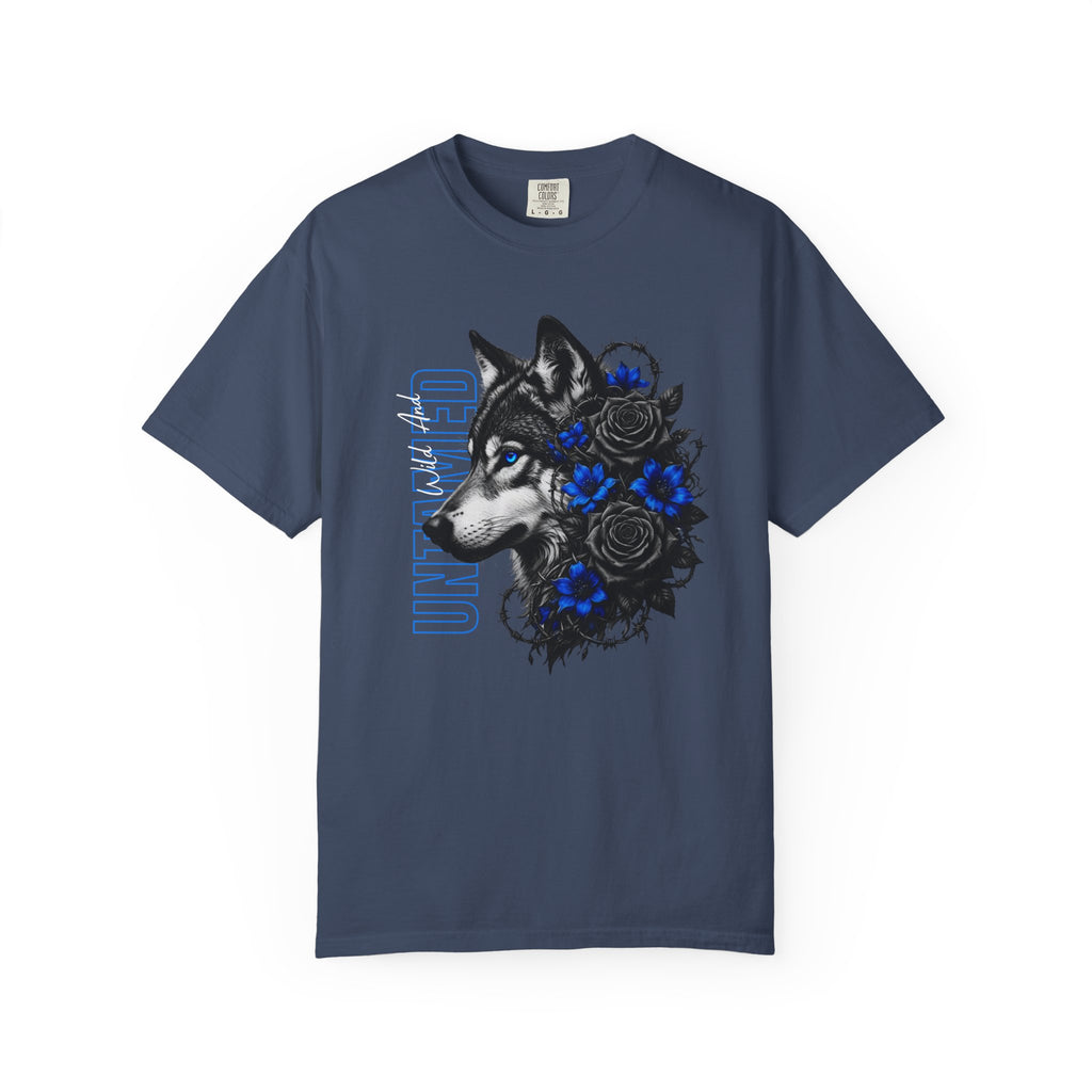 Wolf Floral T-Shirt — "Untamed" Graphic Tee with Blue & Black Roses. Midnight Eye, LLC