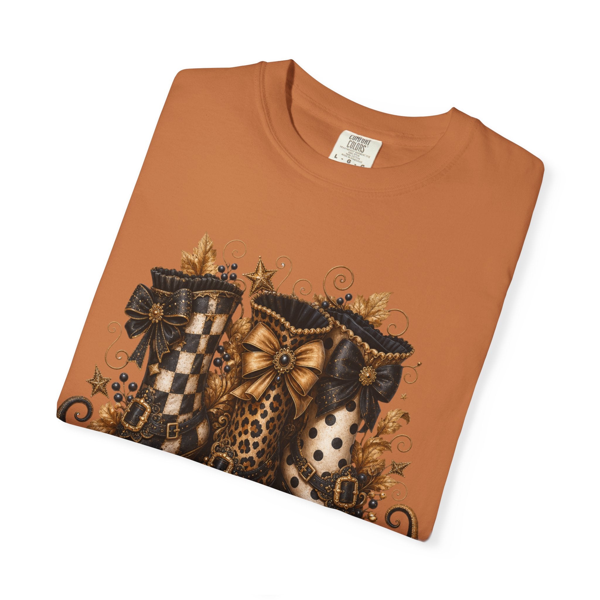 Halloween Cat Bow T-Shirt — Autumn Pumpkin & Checkered Witch Boots Graphic Tee