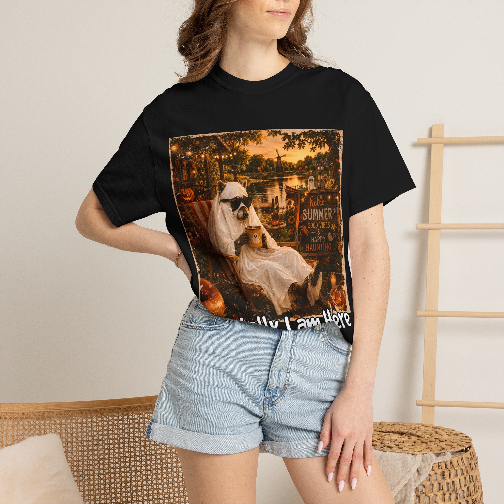 Mentally I Am Here Beach Racoon T-Shirt - Ghost Racoon Summerween Tee