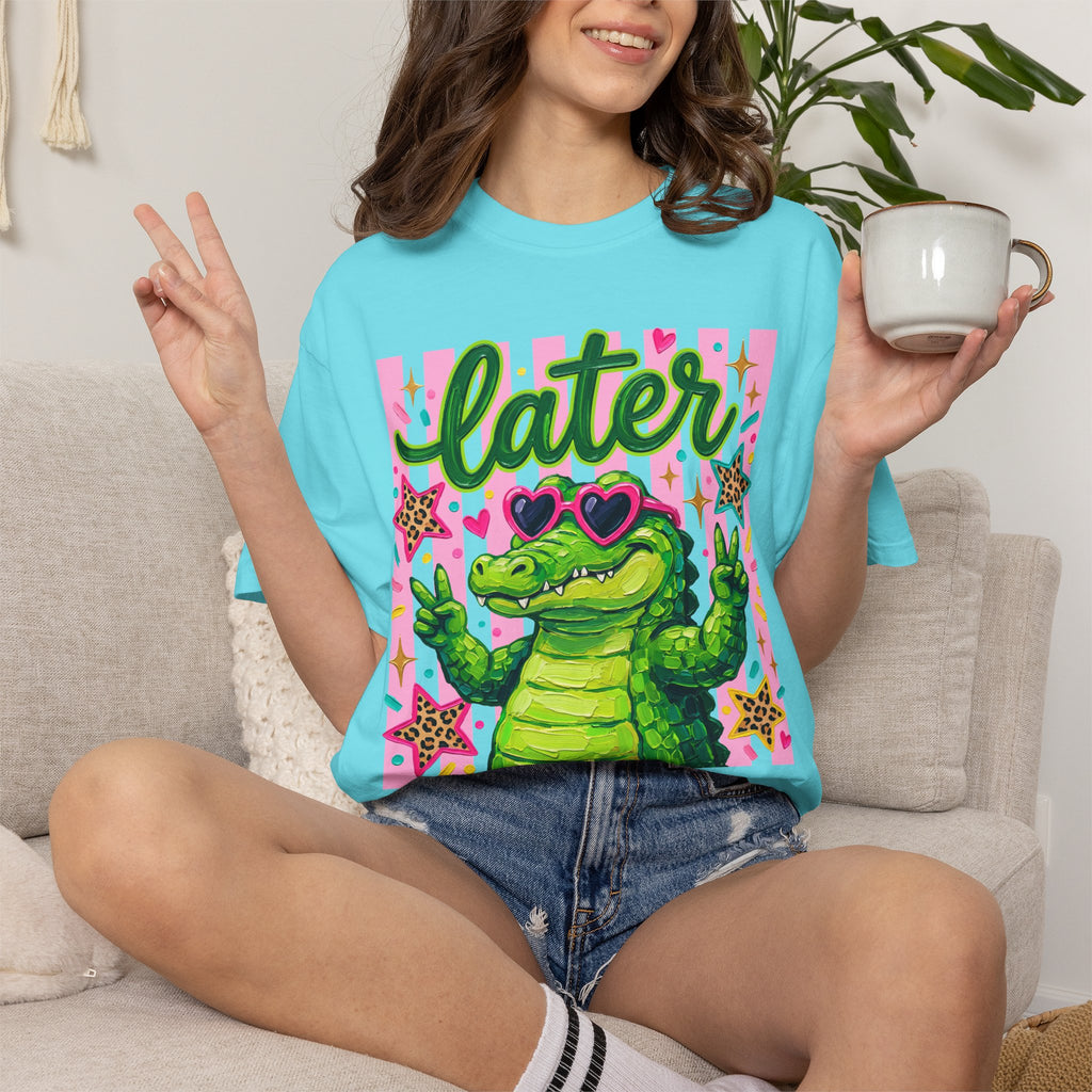 Funny Coquette Faux Brushstroke Stripped T-Shirt - Funny Alligator with Sunglasses Tee