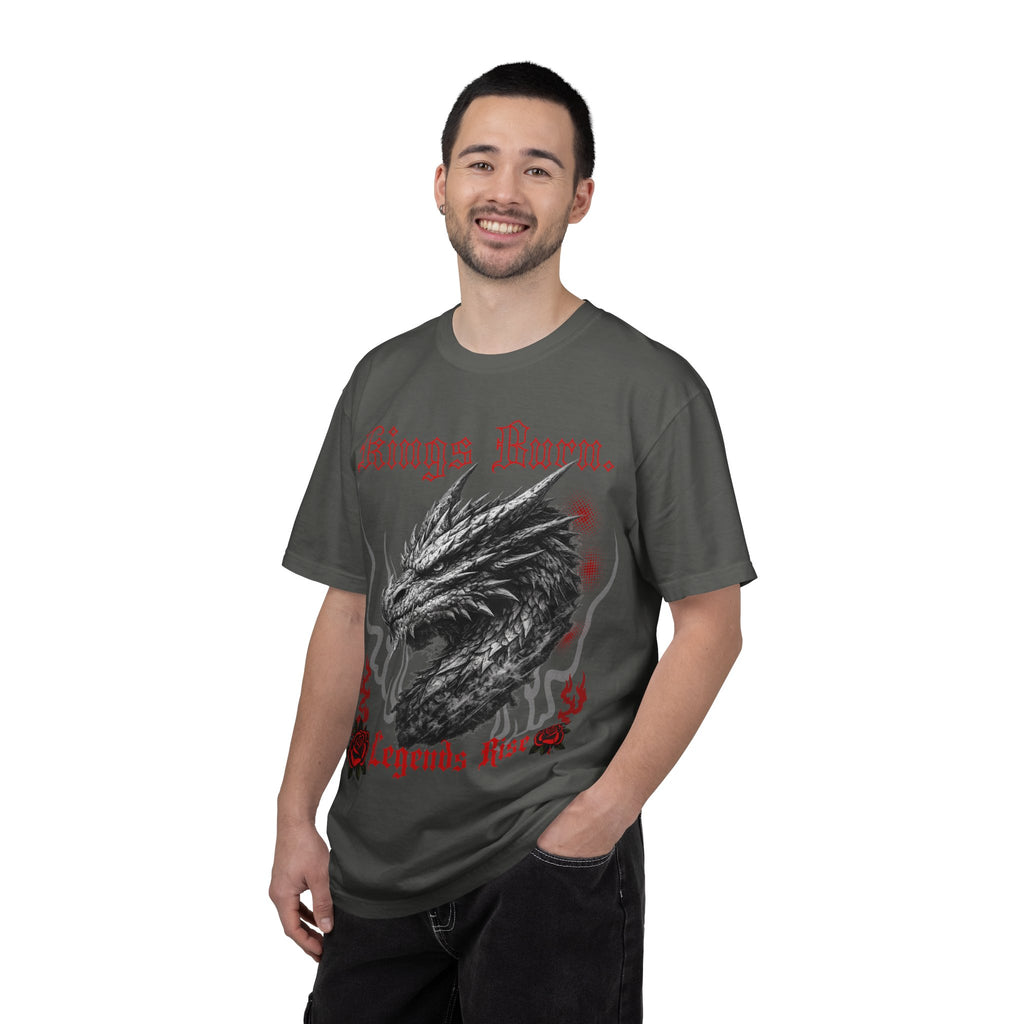 Dragon Head T-Shirt — "Kings Burn. Legends Rise." Red Rose Tattoo Graphic T-Shirt. Midnight Eye, LLC.