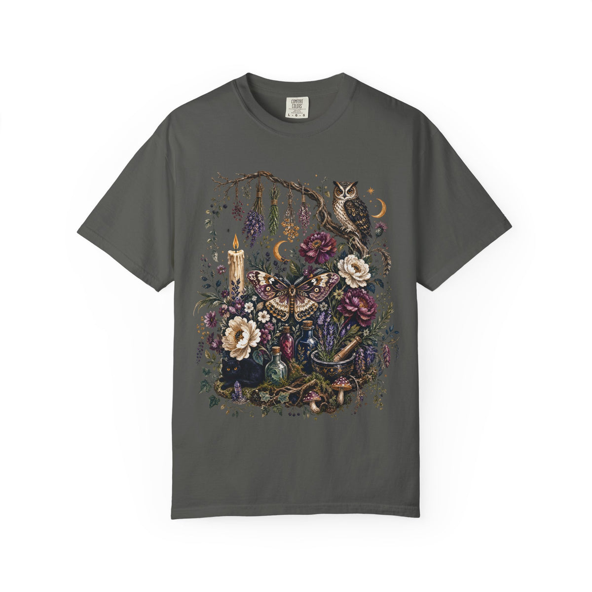 Mystical Forest Owl T-Shirt — Botanical Witchy Moonlight Art Tee, Midnight Eye, LLC