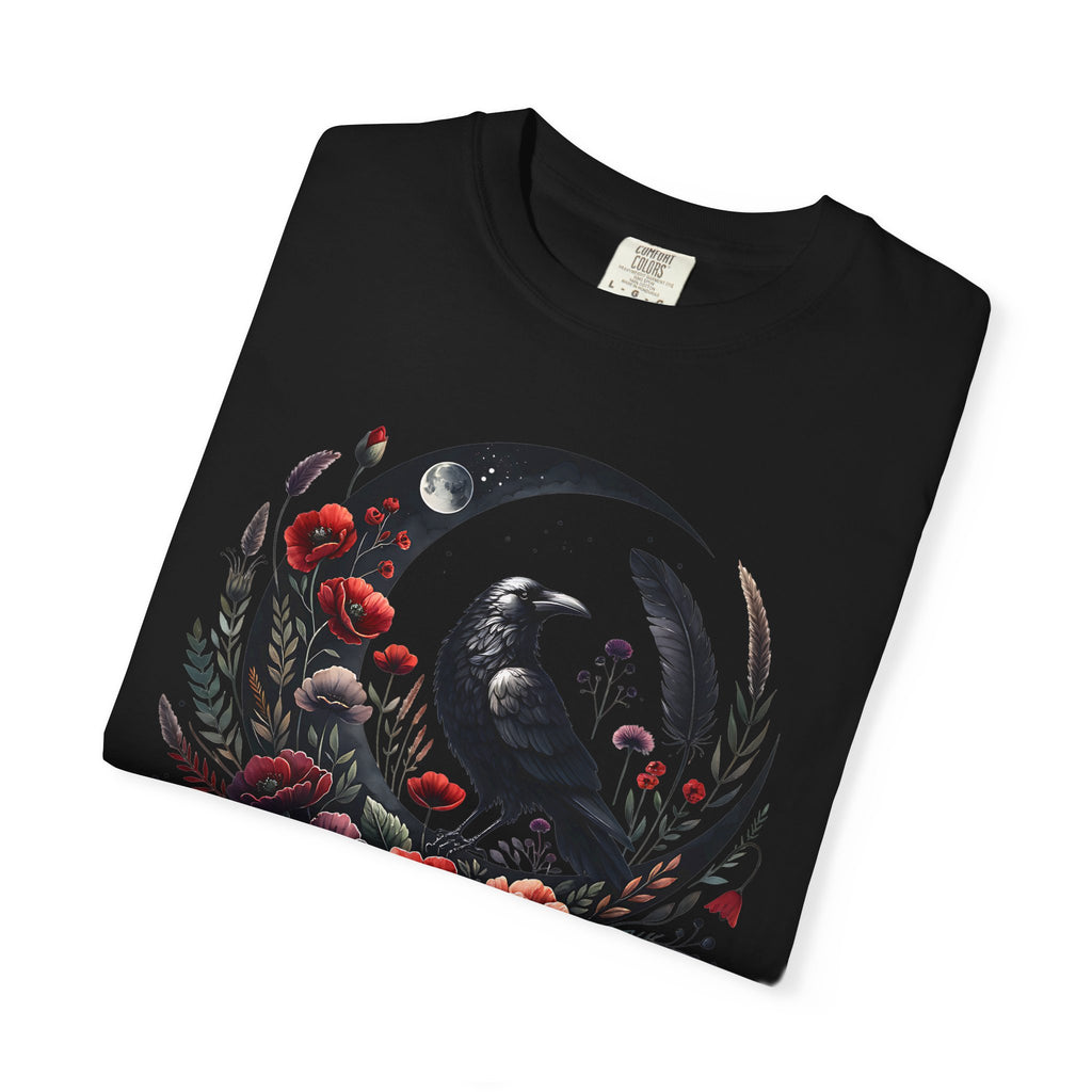 Moon Raven Floral T-Shirt — "Midnight Bloom" Graphic Tee - Mystical Moon Tee - Dark Aesthetic T-Shirt. Midnight Eye, LLC 