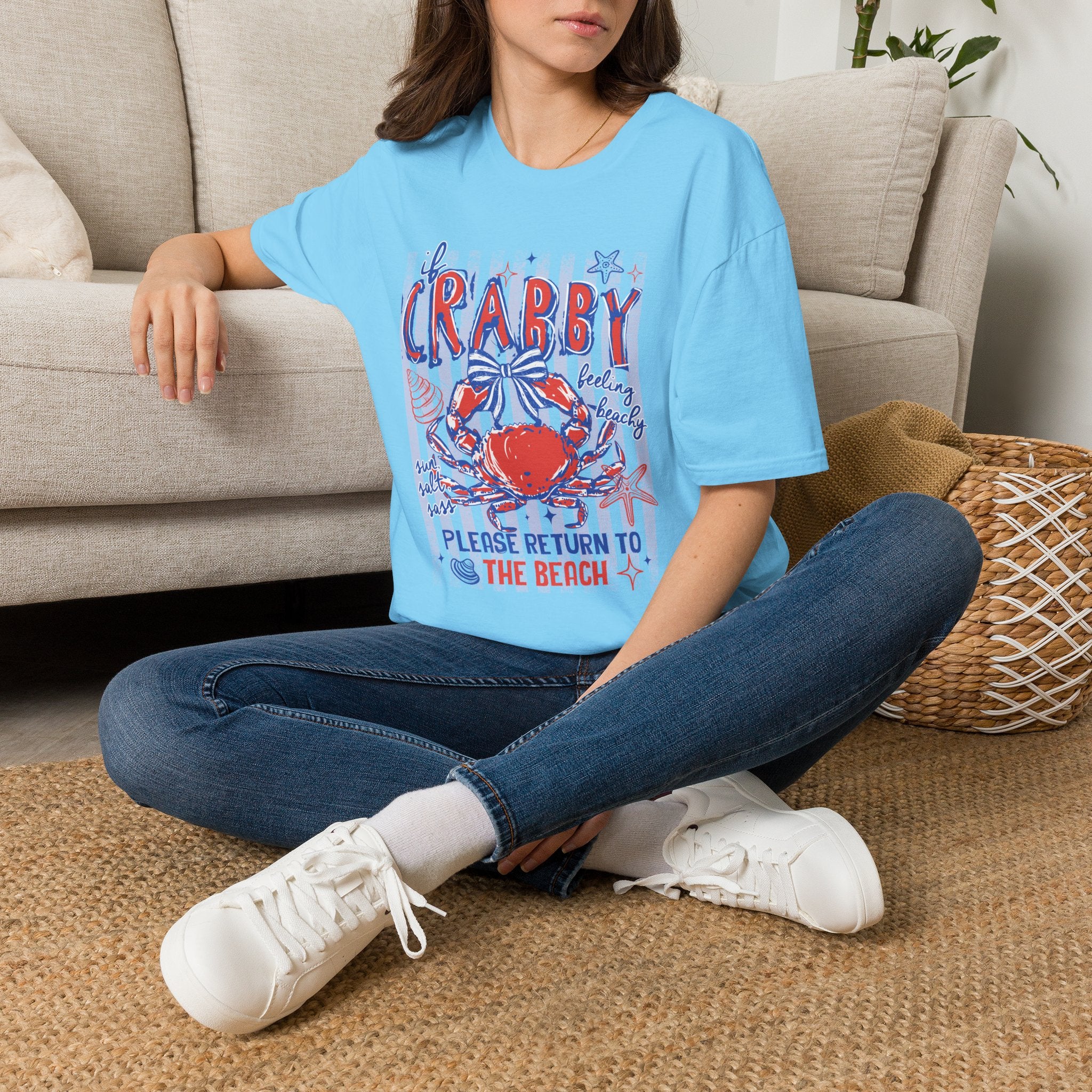 Crabby Beach T-Shirt — "If Crabby, Please Return to the Beach" Funny Summer Tee. Midnight Eye LLC.