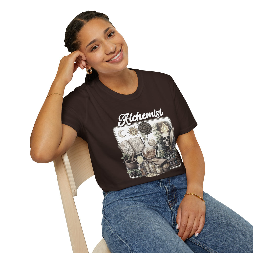 Alchemist Graphic T-Shirt — Vintage Apothecary Potion & Skull Design - Mystical Tee - Midnight Eye, LLC