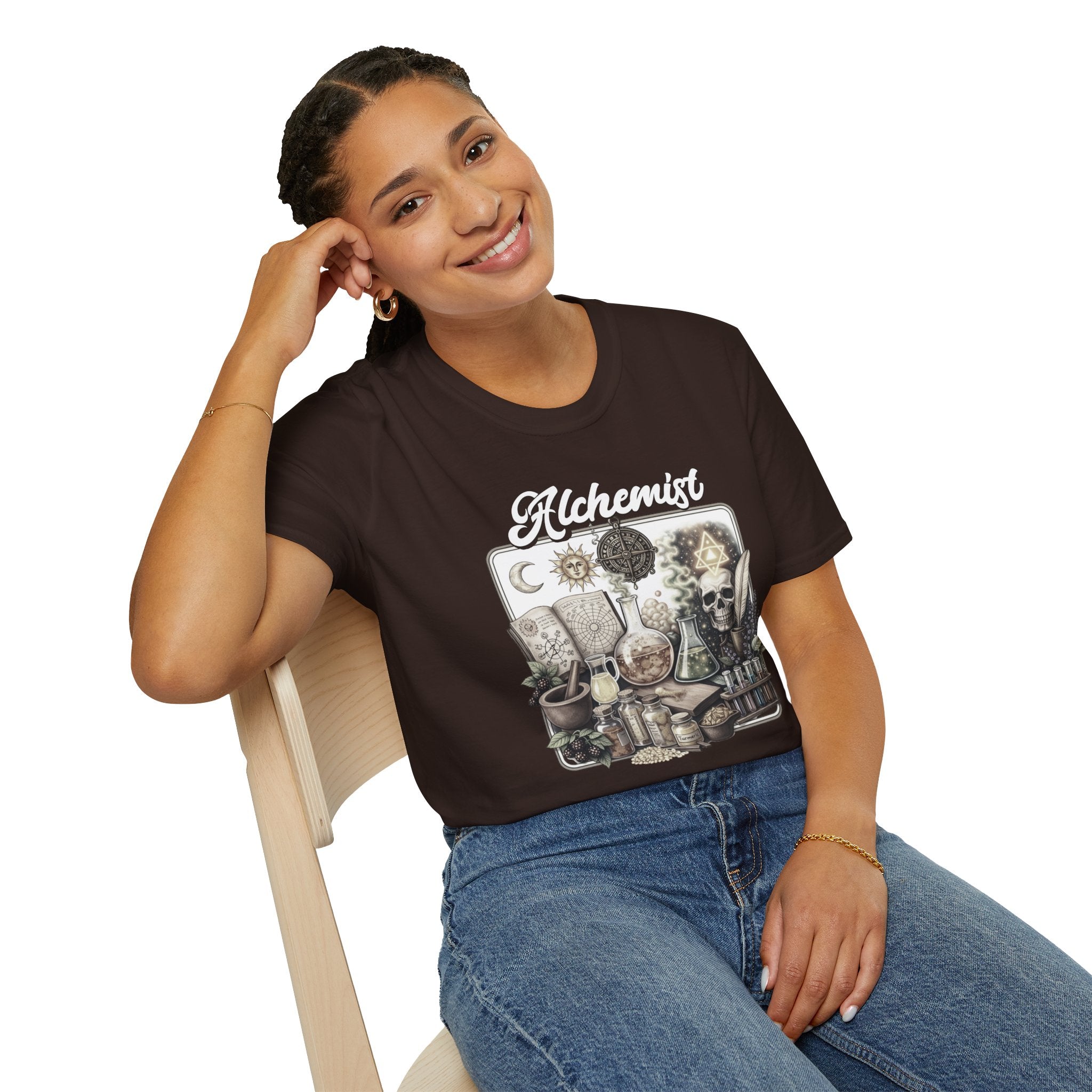 Alchemist Graphic T-Shirt — Vintage Apothecary Potion & Skull Design - Mystical Tee - Midnight Eye, LLC