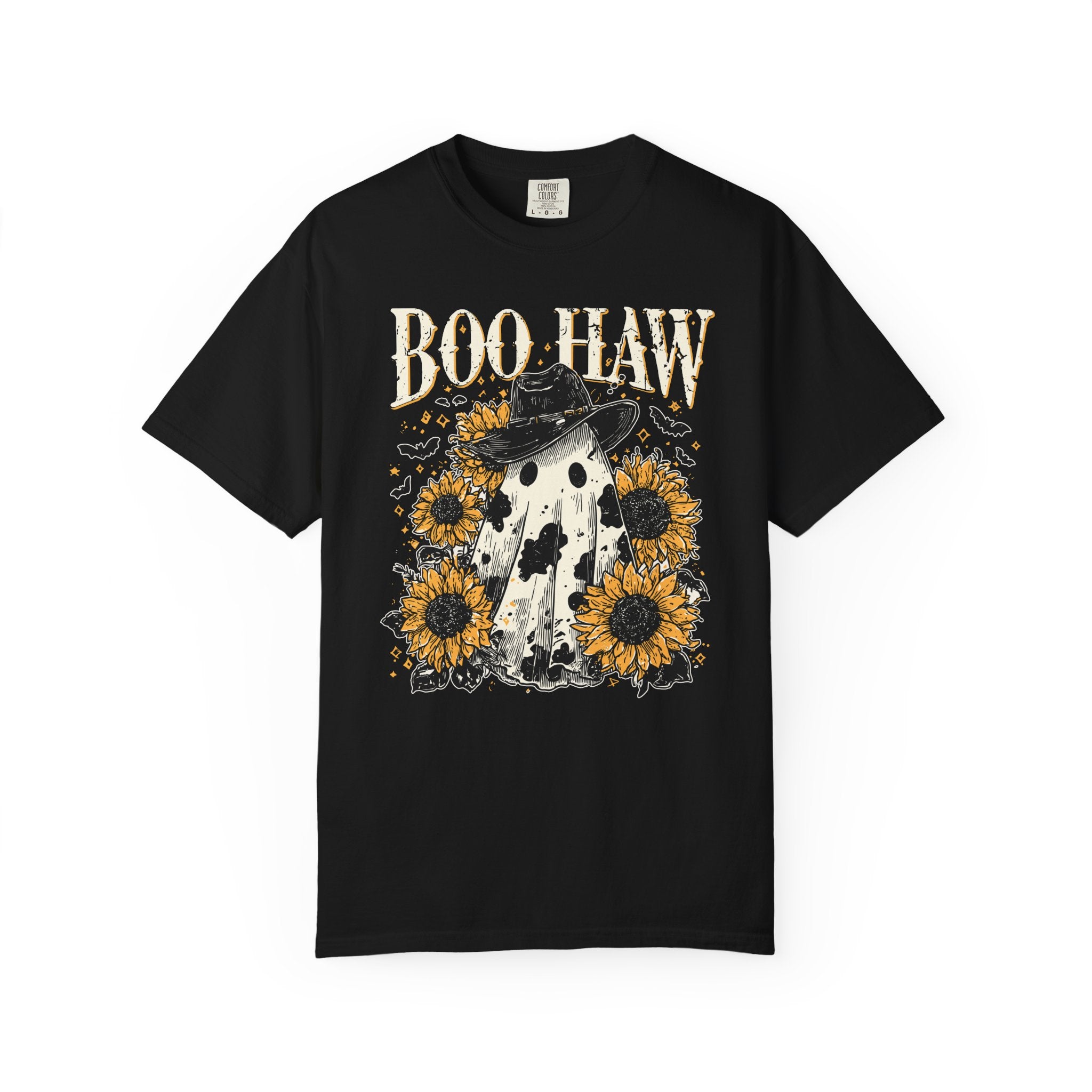 Boo Haw Ghost Tee — Sunflower Halloween T-Shirt - Spooky Western Tee. Midnight Eye LLC.