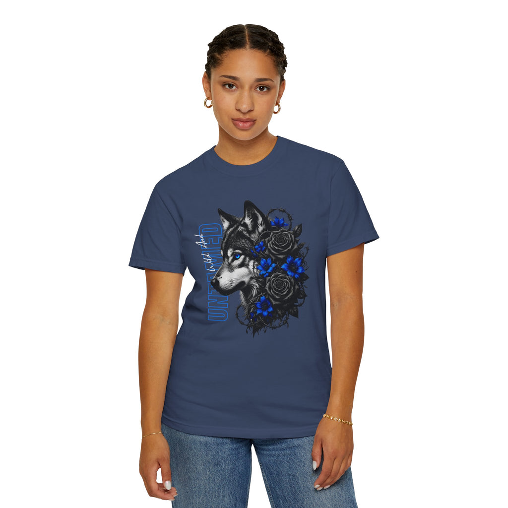 Wolf Floral T-Shirt — "Untamed" Graphic Tee with Blue & Black Roses. Midnight Eye, LLC