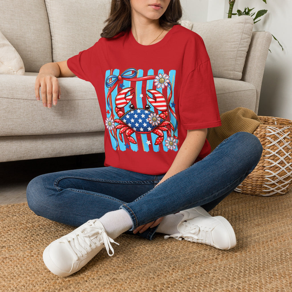 Patriotic Crab T-Shirt — American Flag Red White Blue Beach Tee Patriotic Crab T-Shirt — Preppy Cute and Funny Crab Tee. Midnight Eye, LLC.