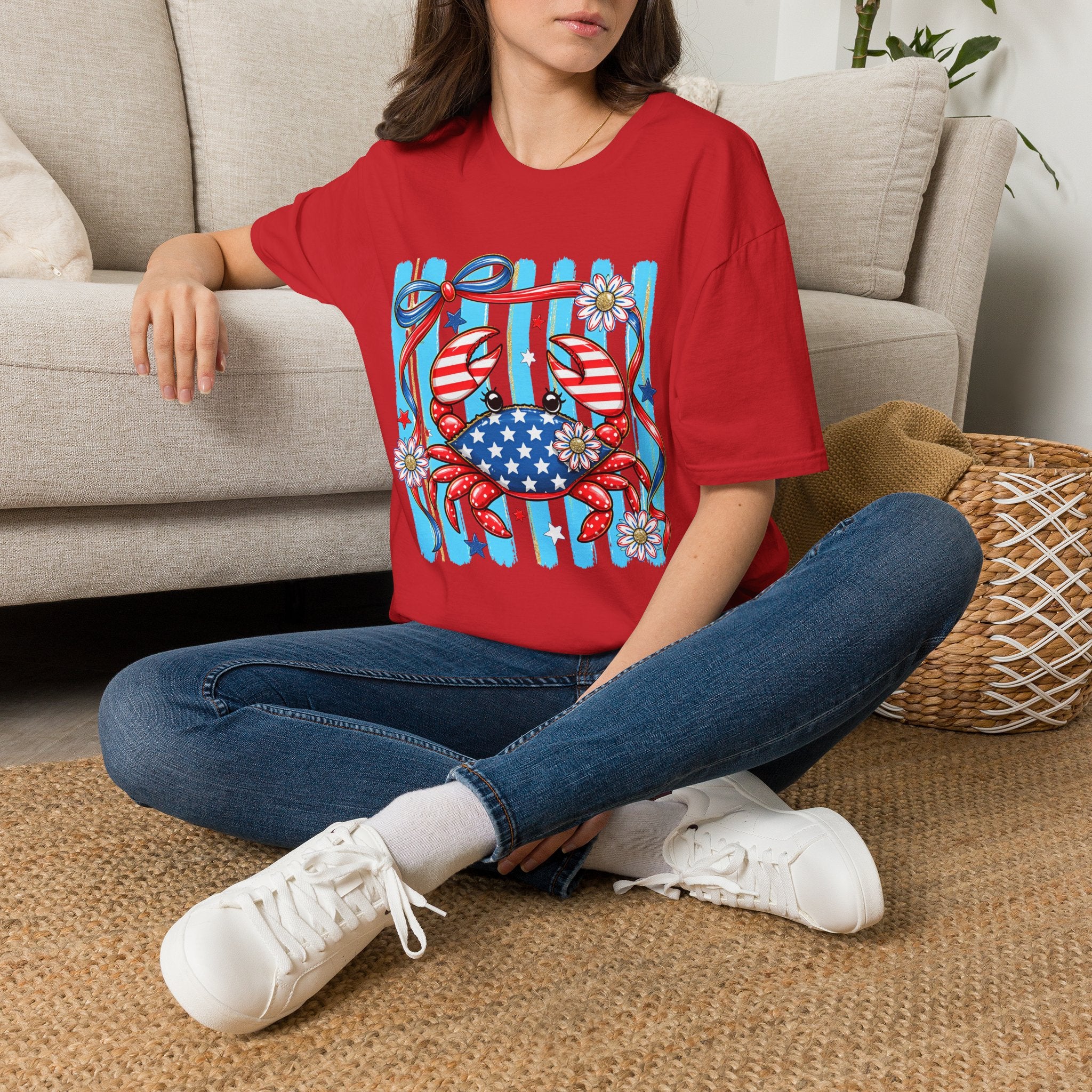 Patriotic Crab T-Shirt — American Flag Red White Blue Beach Tee Patriotic Crab T-Shirt — Preppy Cute and Funny Crab Tee. Midnight Eye, LLC.