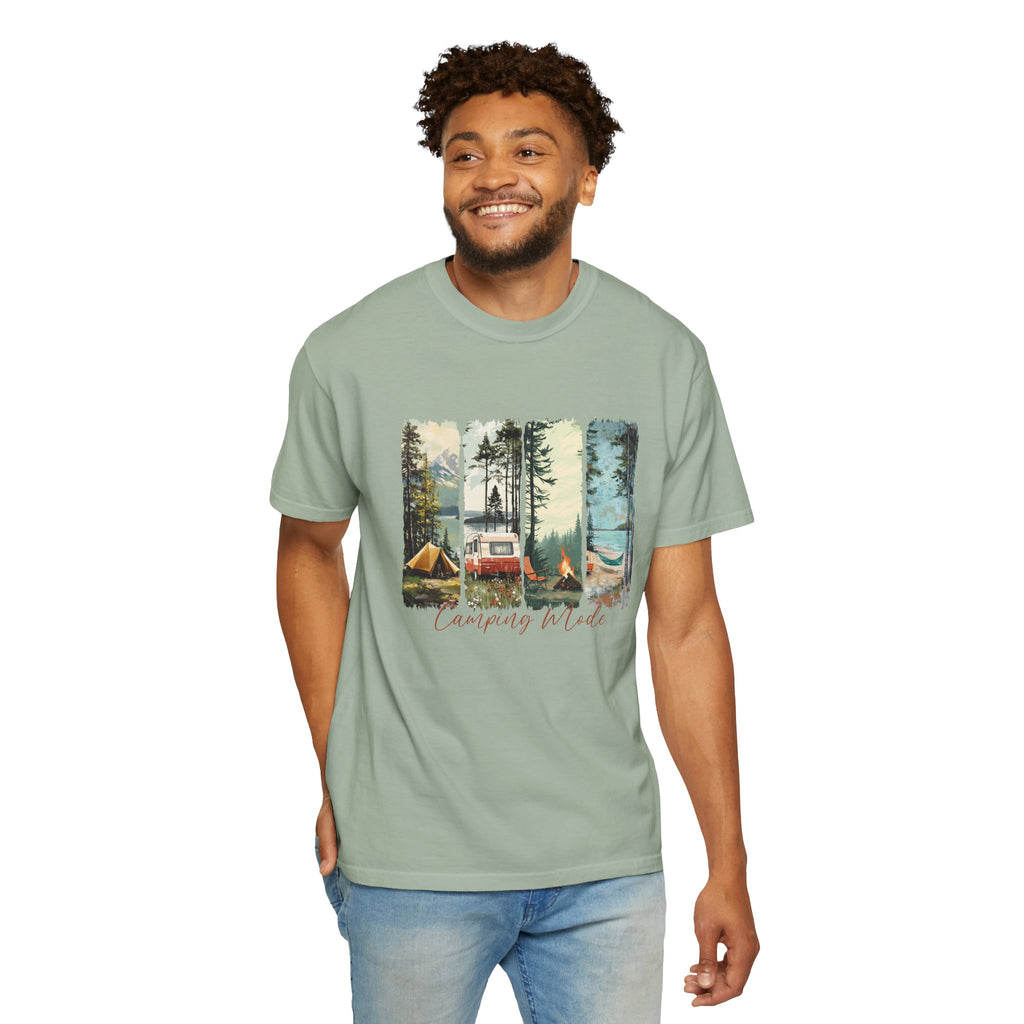 Camping Vibes T-Shirt — 'Camping Mode' Scenic Camper Retro Graphic Tee - Family Adventure Tee - Outdoor Tee - Midnight Eye, LLC