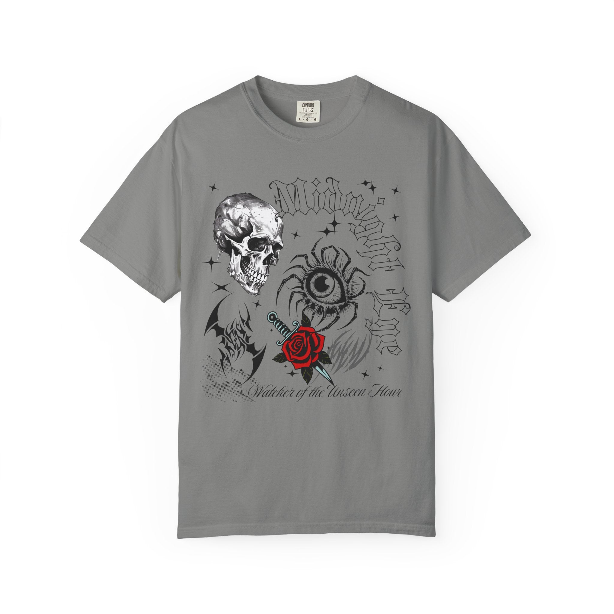Skull, Red Rose & Eye Tattoo Art T-Shirt — Gothic Streetwear Tee. Midnight Eye, LLC