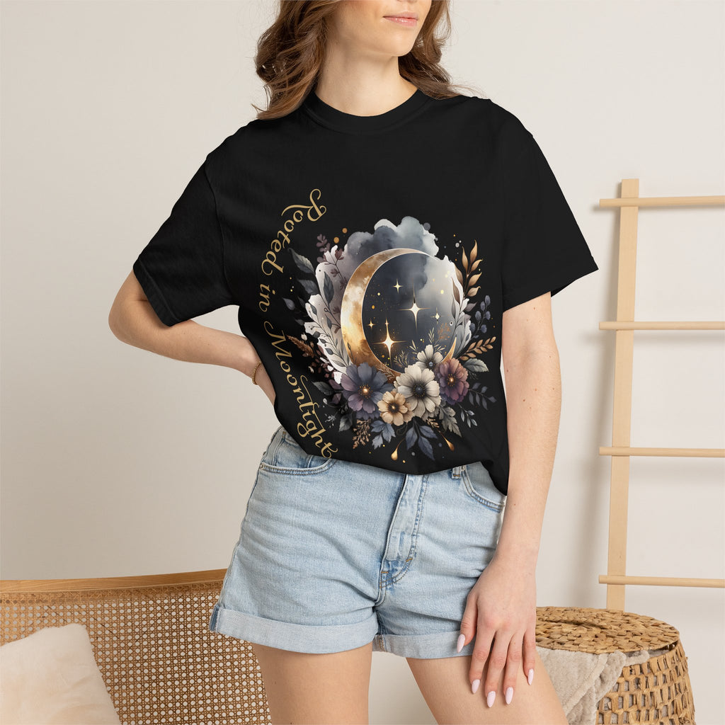 Moonlight Blooms T-Shirt — 'Rooted in Moonlight' Floral Crescent Moon Tee
