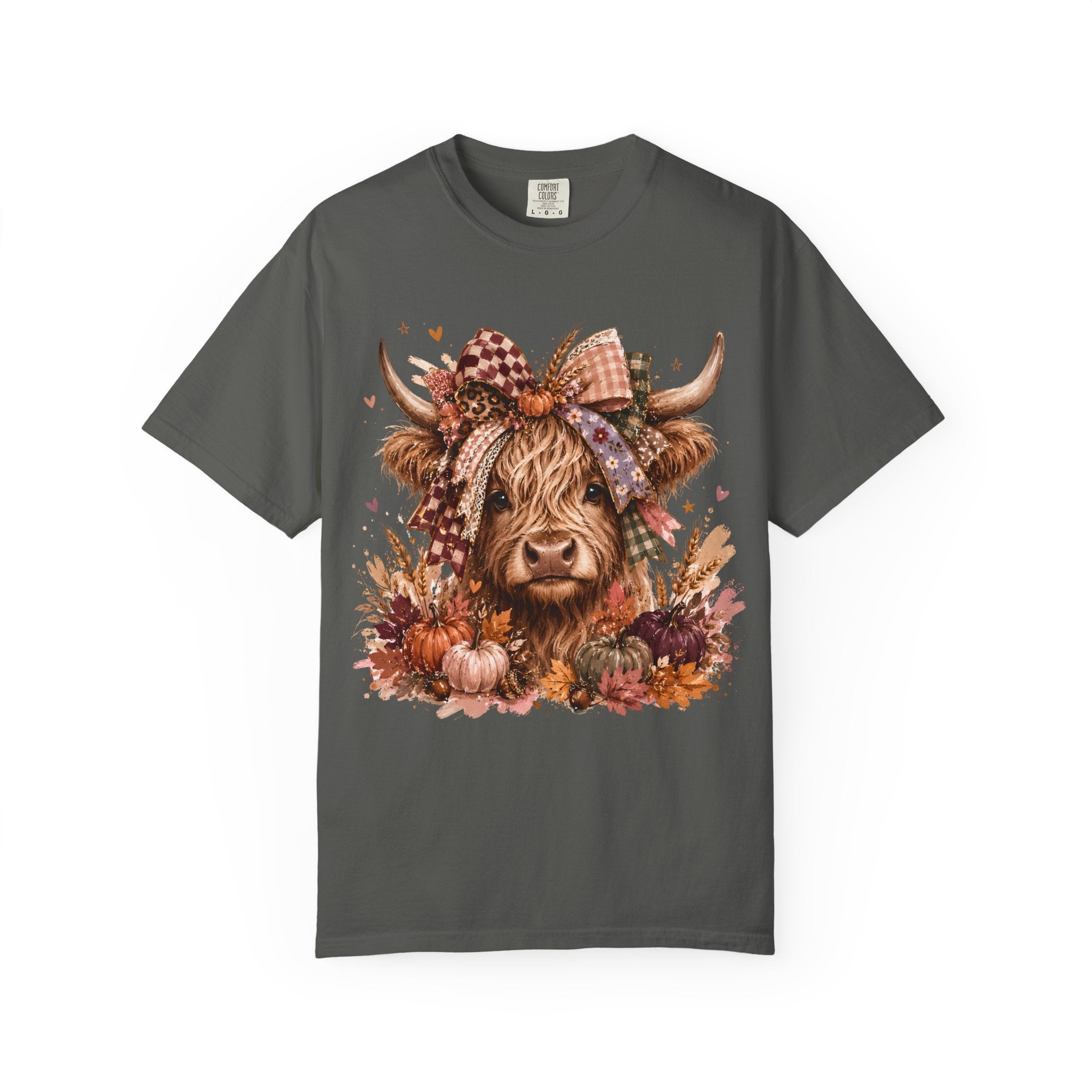 Autumn Highland Cow T-Shirt — Cute Fall Cow and Pumpkins Graphic Tee. Midnight Eye, LLC
