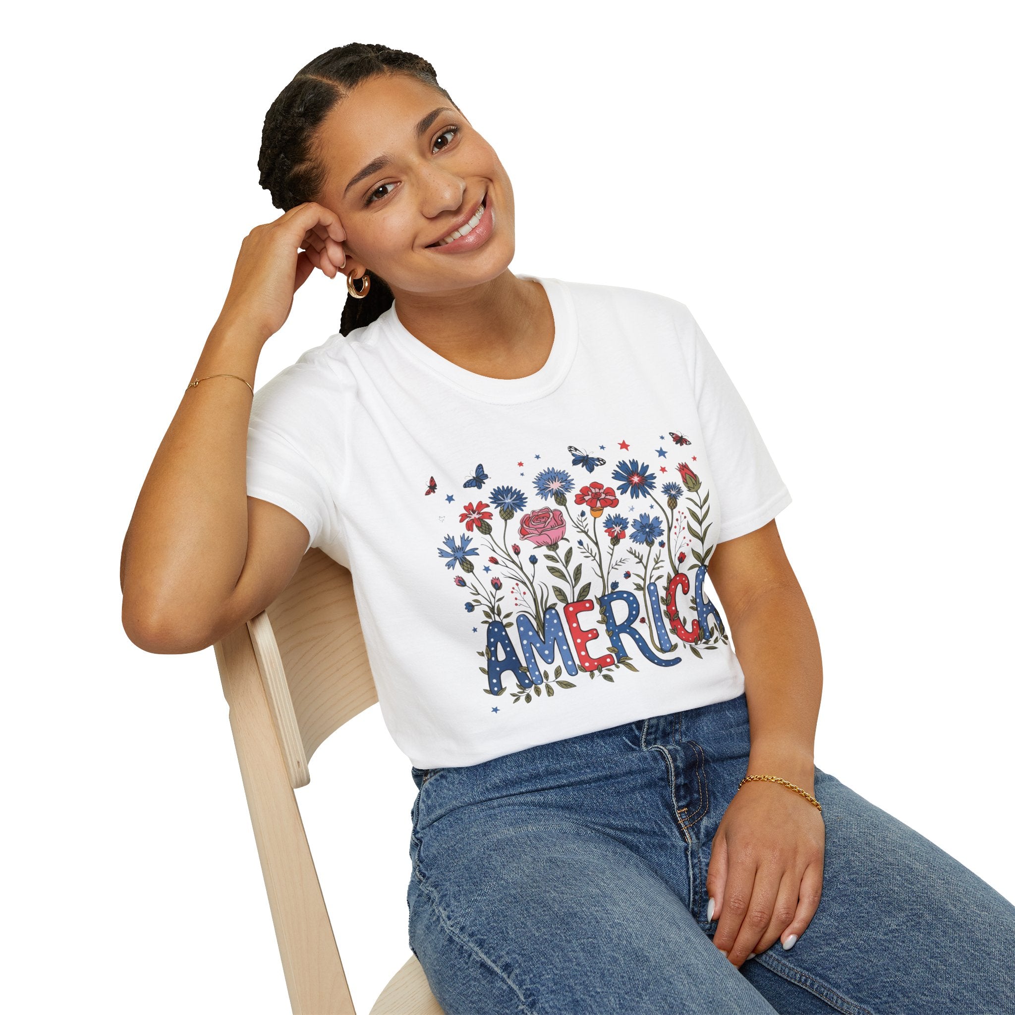 America Floral T‑Shirt — Patriotic Red, White & Blue Garden Graphic Tee - 4th of July T-Shirt - Midnight Eye, LLC
