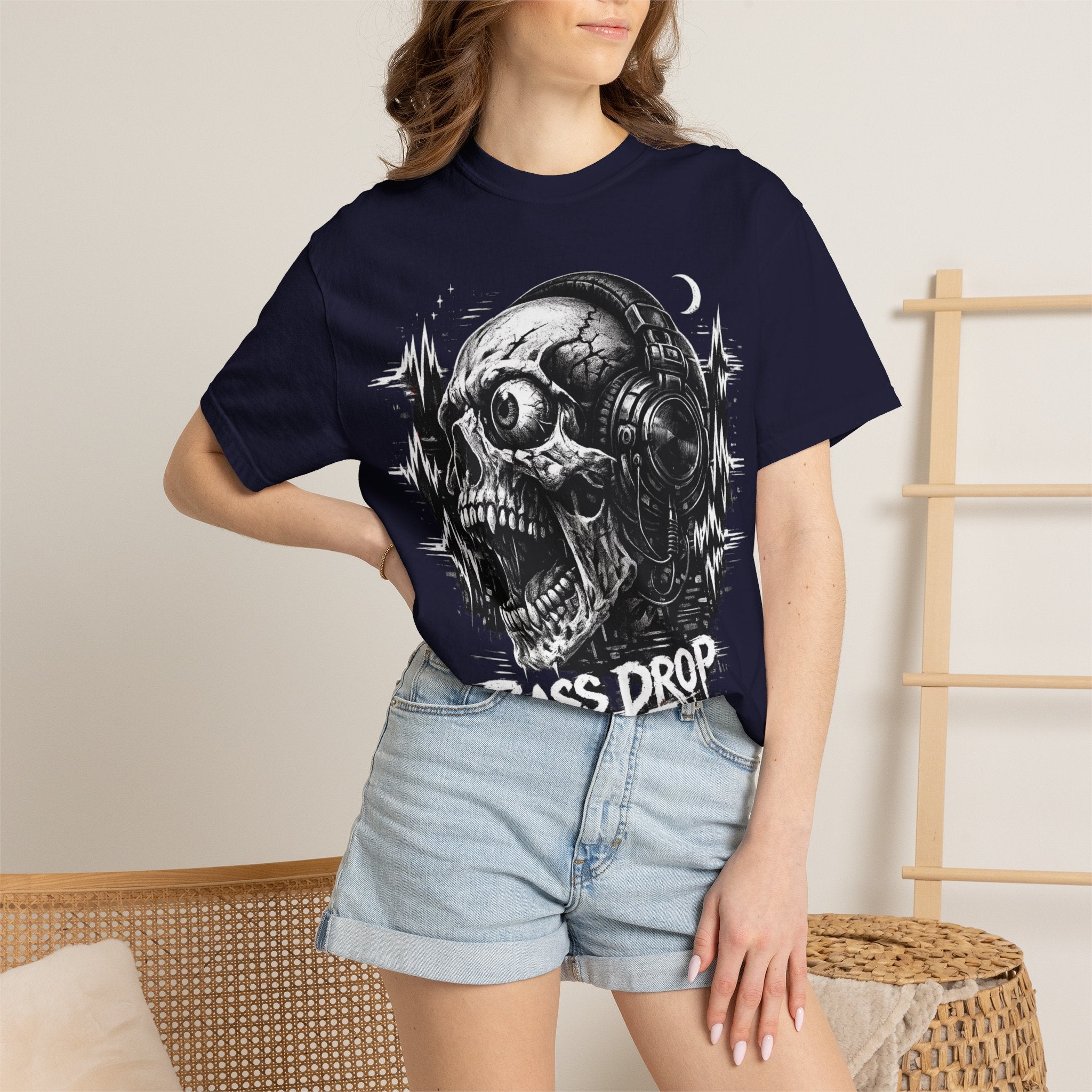 Bass Drop Skull T-Shirt — DJ Headphones Graphic Tee - Streetwear T-Shirt. Midnight Eye, LLC