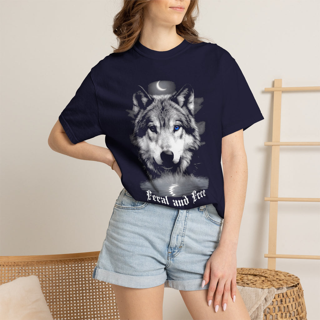 Feral and Free Vintage Moon Wolf T-Shirt -  Moon and Wolf Dark Aesthetic Tee. Midnight Eye, LLC