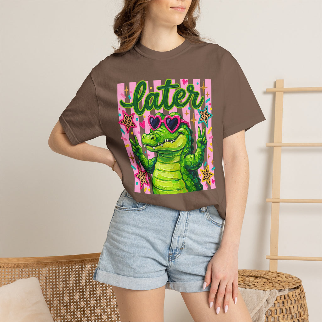 Funny Coquette Faux Brushstroke Stripped T-Shirt - Funny Alligator with Sunglasses Tee - Midnight Eye, LLC