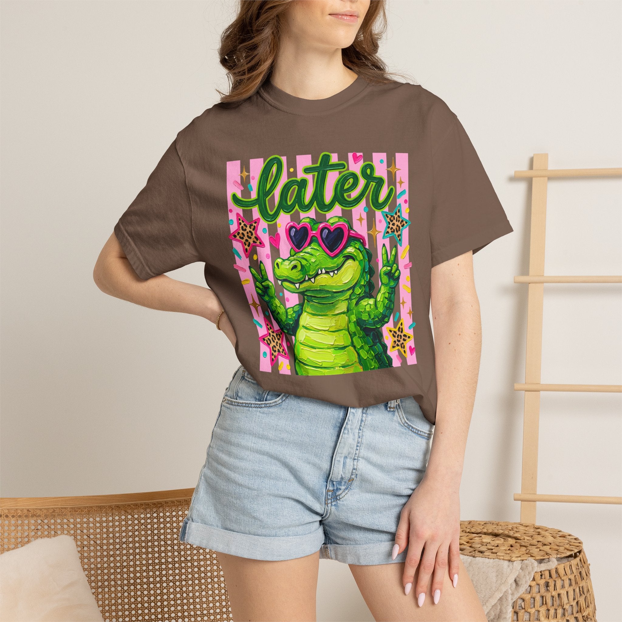 Funny Coquette Faux Brushstroke Stripped T-Shirt - Funny Alligator with Sunglasses Tee - Midnight Eye, LLC