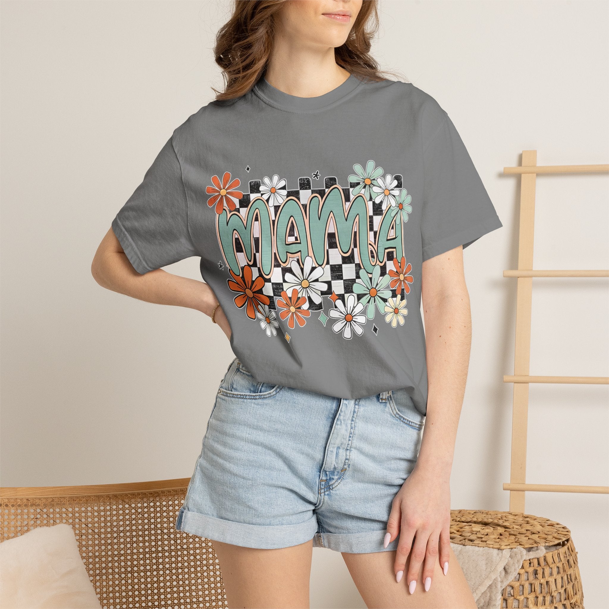 Mama Floral Graphic T-Shirt — Retro Checkerboard Mom Tee. Midnight Eye, LLC