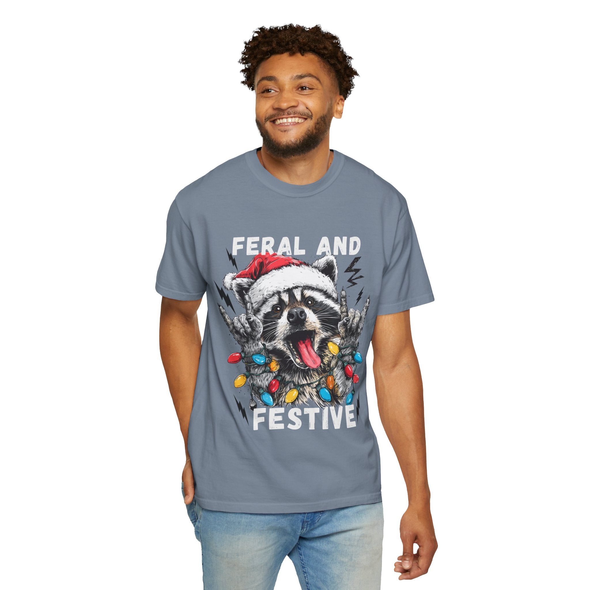 Feral and Festive Funny Raccoon Christmas T-Shirt - Racoon Graphic T-Shirt