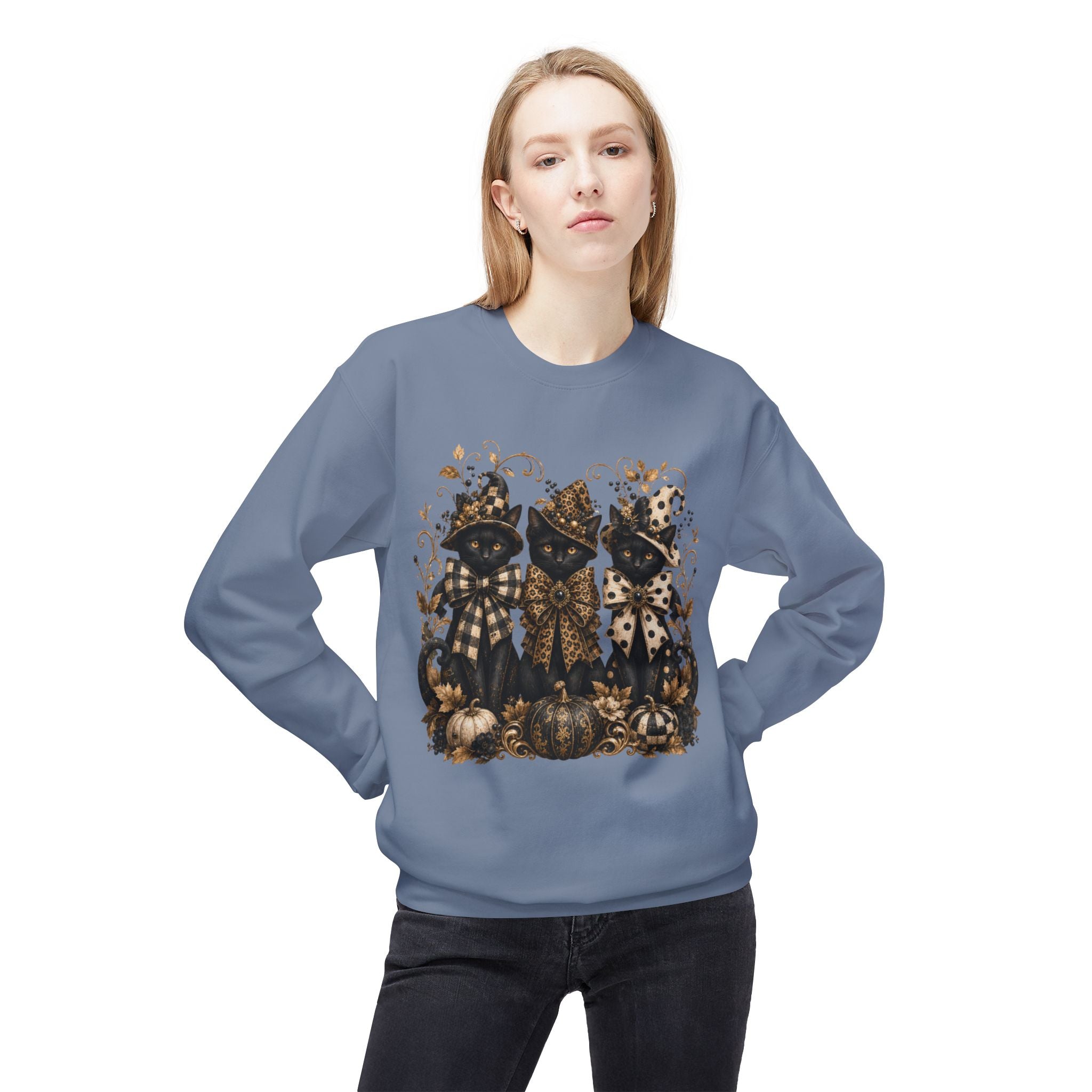 Vintage Gothic Pumpkin & Black Cats Crewneck Sweatshirt. Midnight Eye, LLC