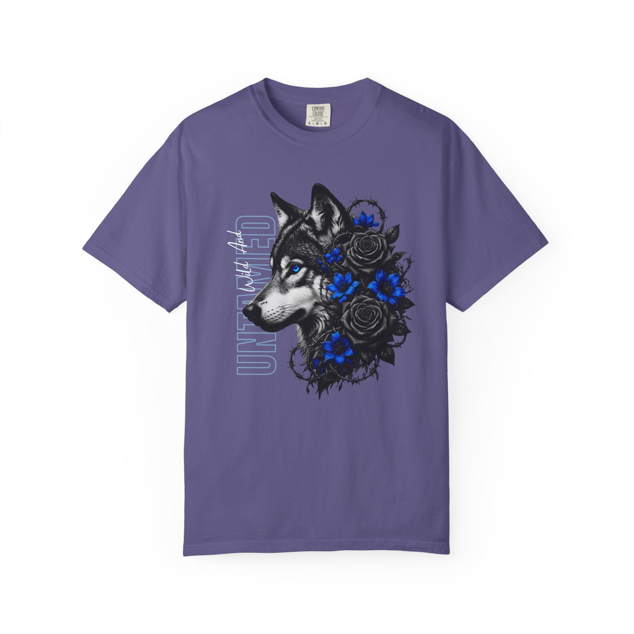Wolf Floral T-Shirt — "Untamed" Graphic Tee with Blue & Black Roses. Midnight Eye, LLC.